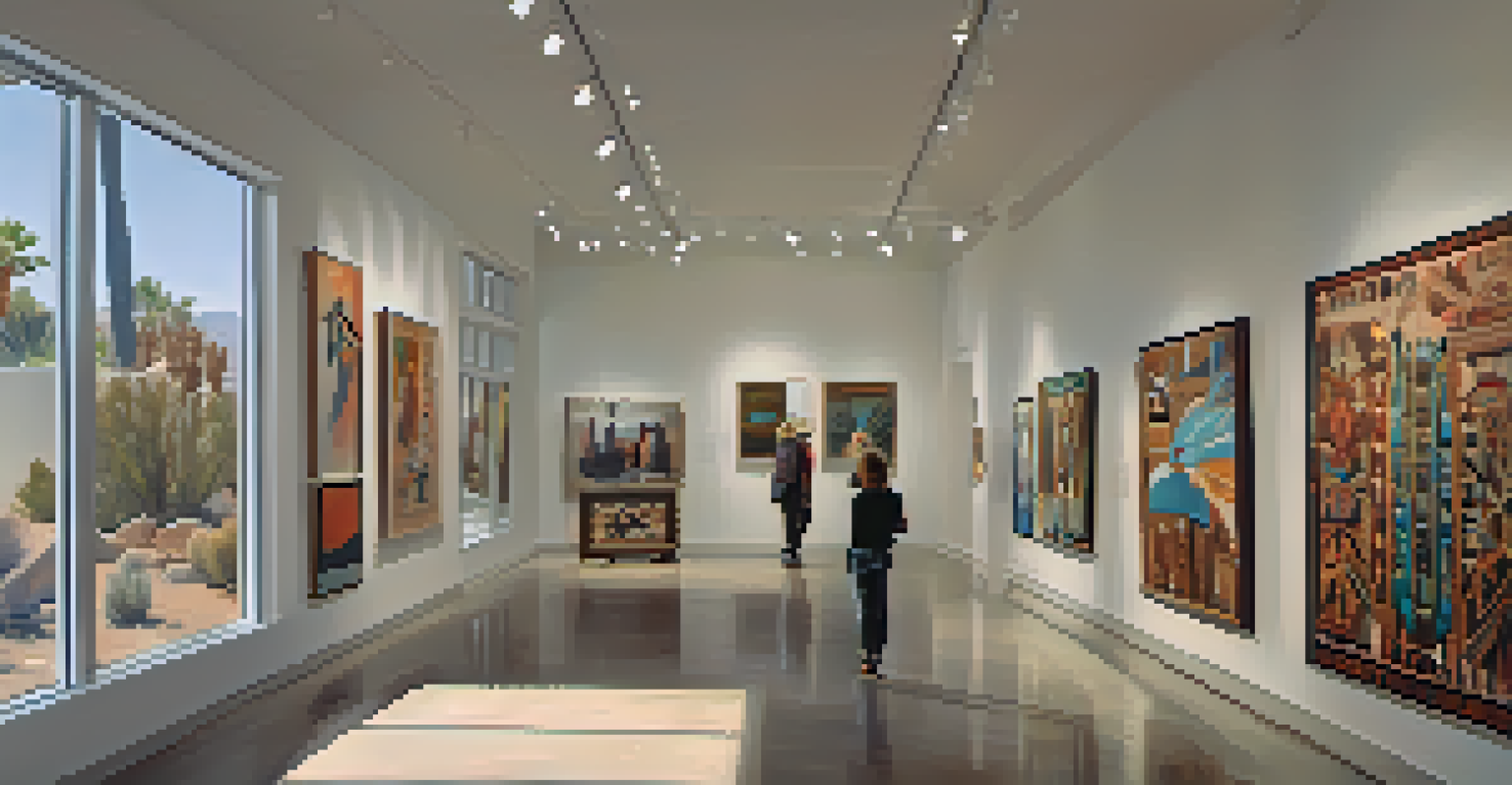 Visitors exploring an indoor art gallery in Palm Springs, filled with contemporary art and artifacts.