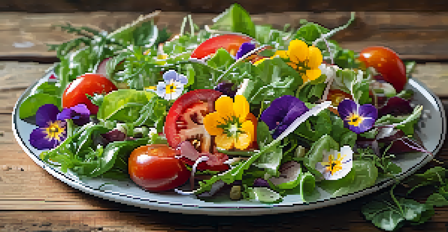 A close-up of a colorful salad featuring heirloom tomatoes, fresh greens, and edible flowers, displayed on a rustic wooden surface.