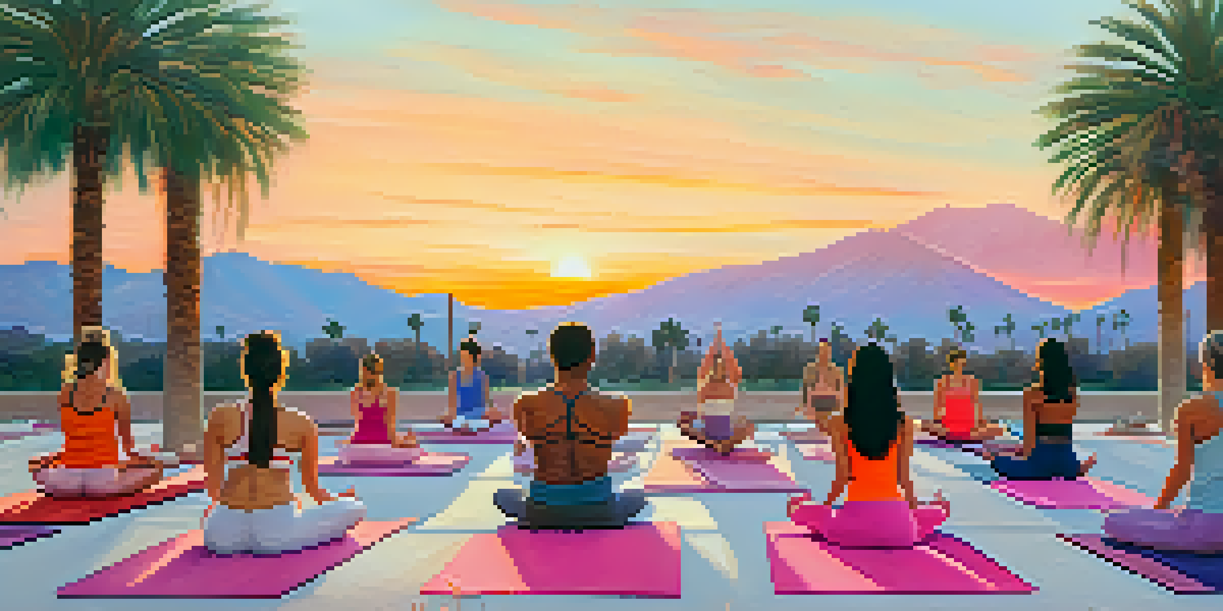 A group of diverse individuals practicing yoga on colorful mats during a beautiful sunrise in Palm Springs, surrounded by palm trees and colorful skies.
