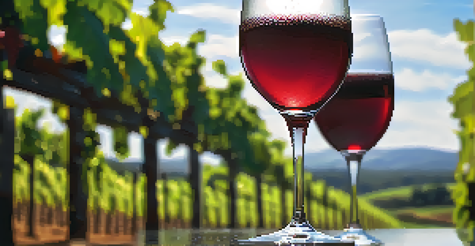 A close-up of a wine glass filled with red wine, with a blurred vineyard in the background.