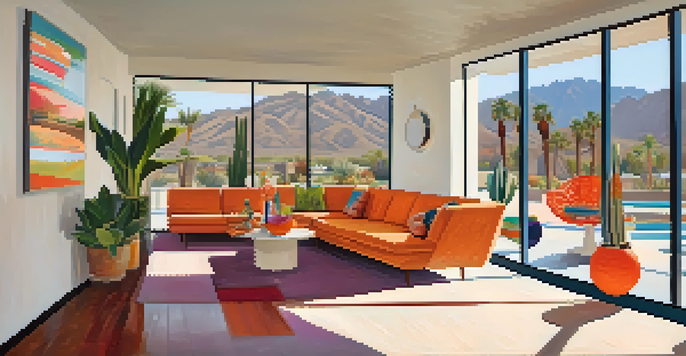 A sunlit art gallery in Palm Springs featuring mid-century modern abstract paintings and visitors exploring the space.