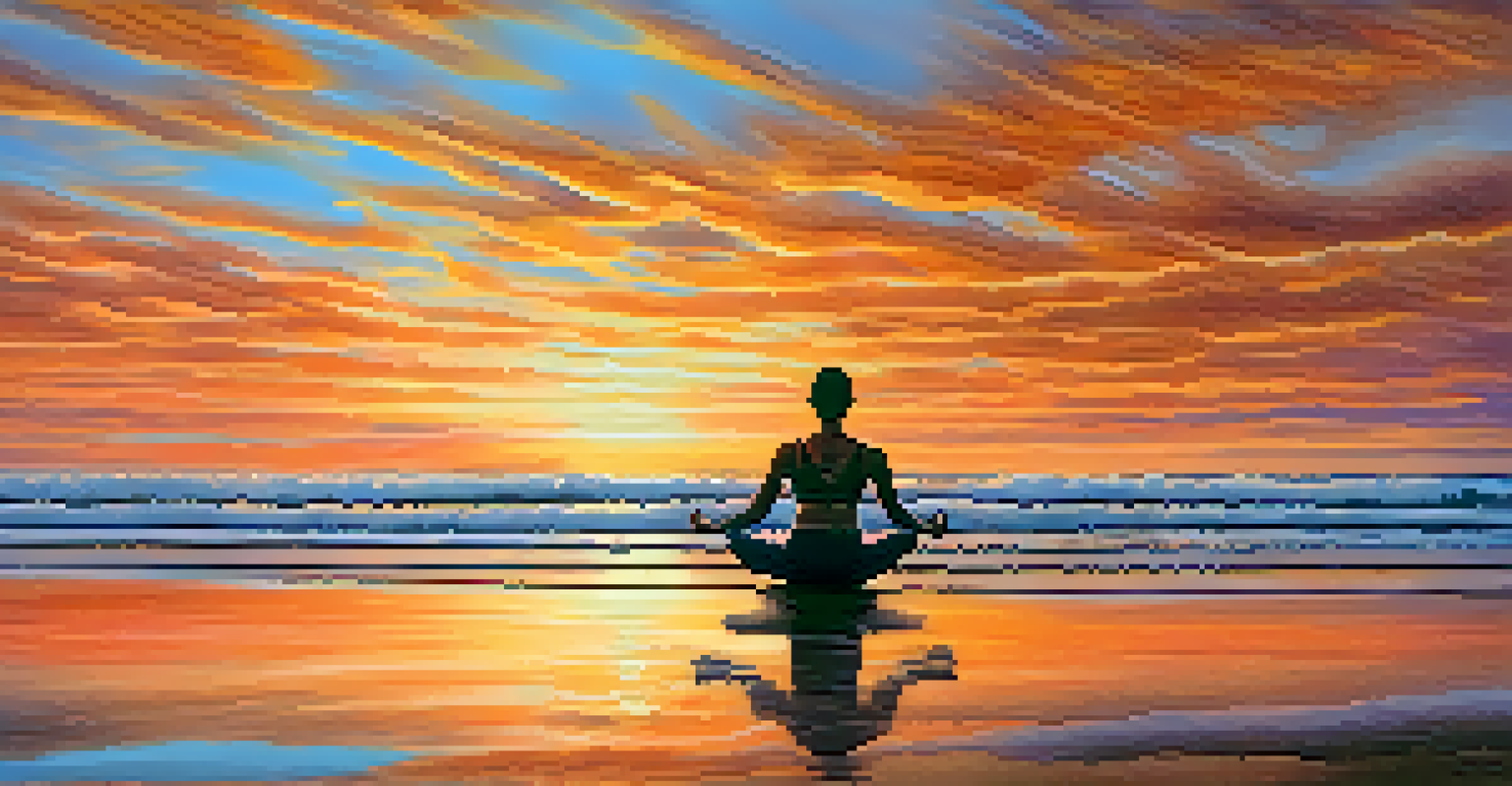A close-up of a person doing yoga on a sandy beach at sunset, with colorful skies and calm waves in the background.