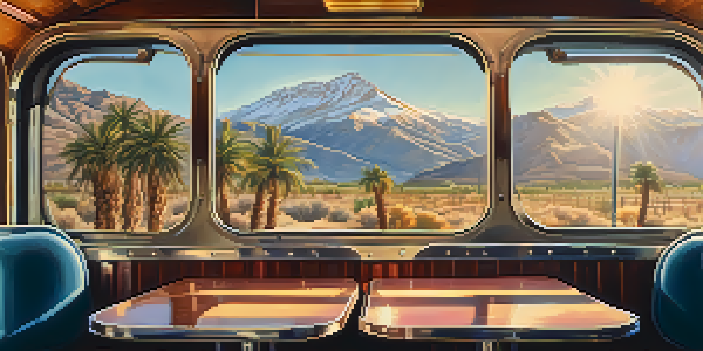 Interior view of a vintage train car with sunlight streaming in, highlighting the palm trees and mountains visible through the window.