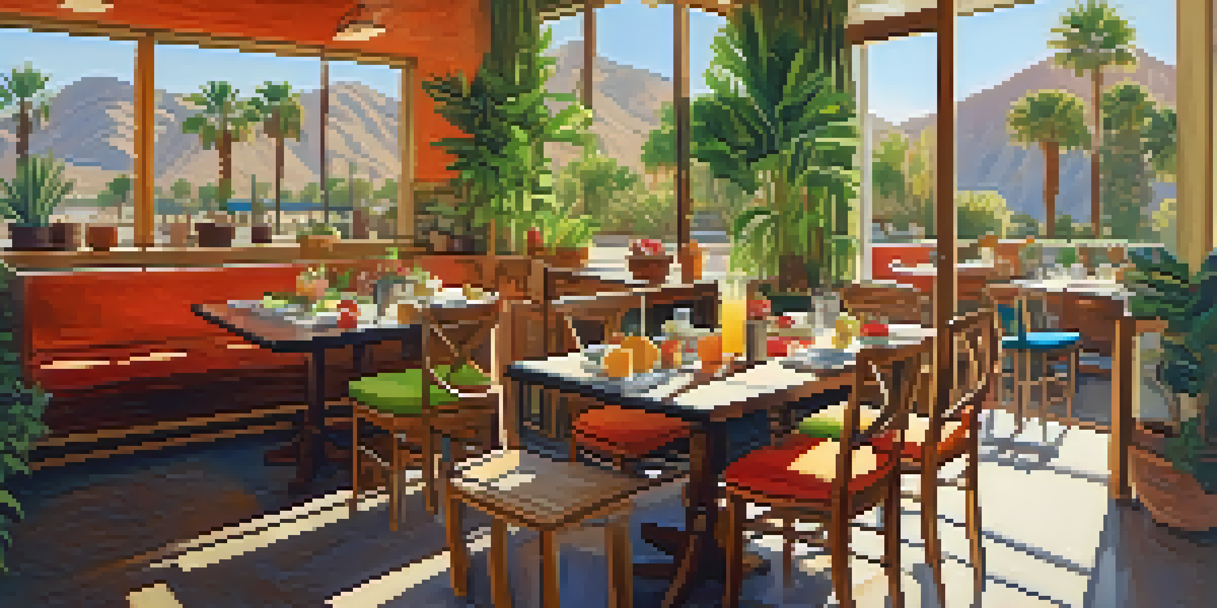 A cozy cafe interior with a table displaying a vibrant salad, a grain bowl, and fresh juices, illuminated by warm sunlight.