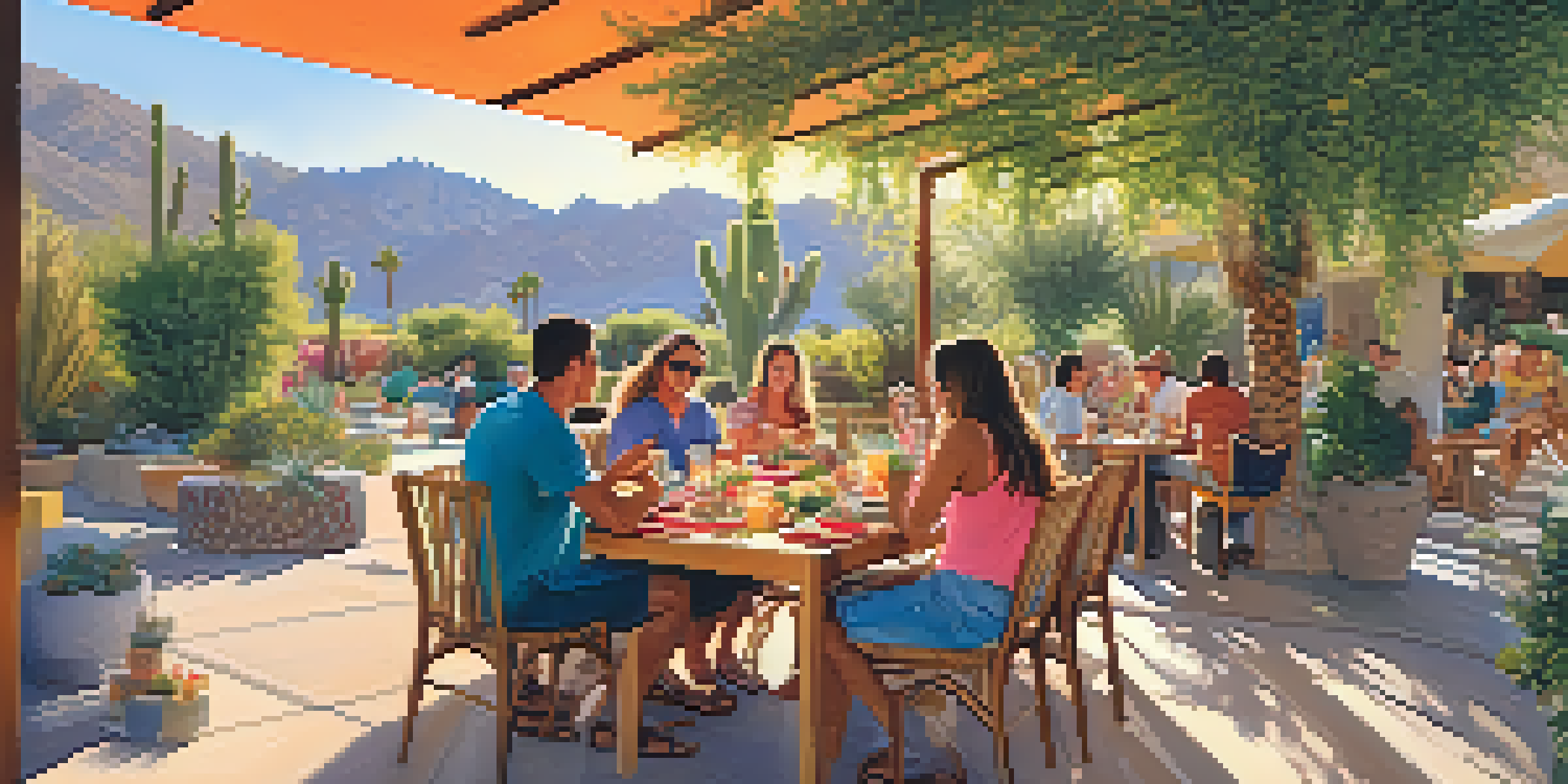 A family dining outdoors in Palm Springs with a sunset backdrop, enjoying diverse dishes and a lively atmosphere.