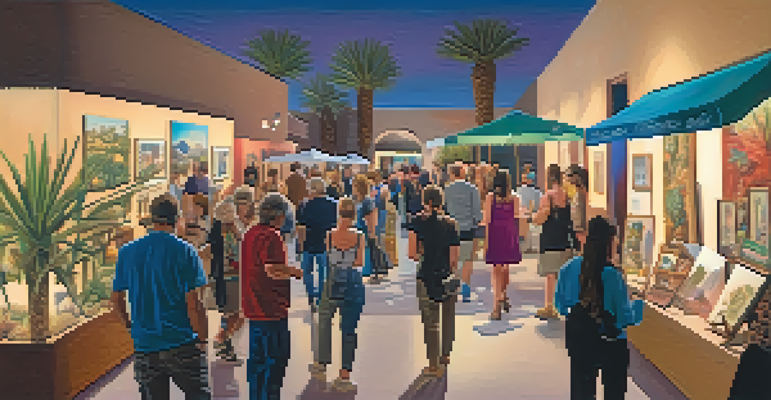 A cozy Desert Art Walk evening with visitors enjoying art, sipping wine, and engaging in conversations in a softly lit gallery.