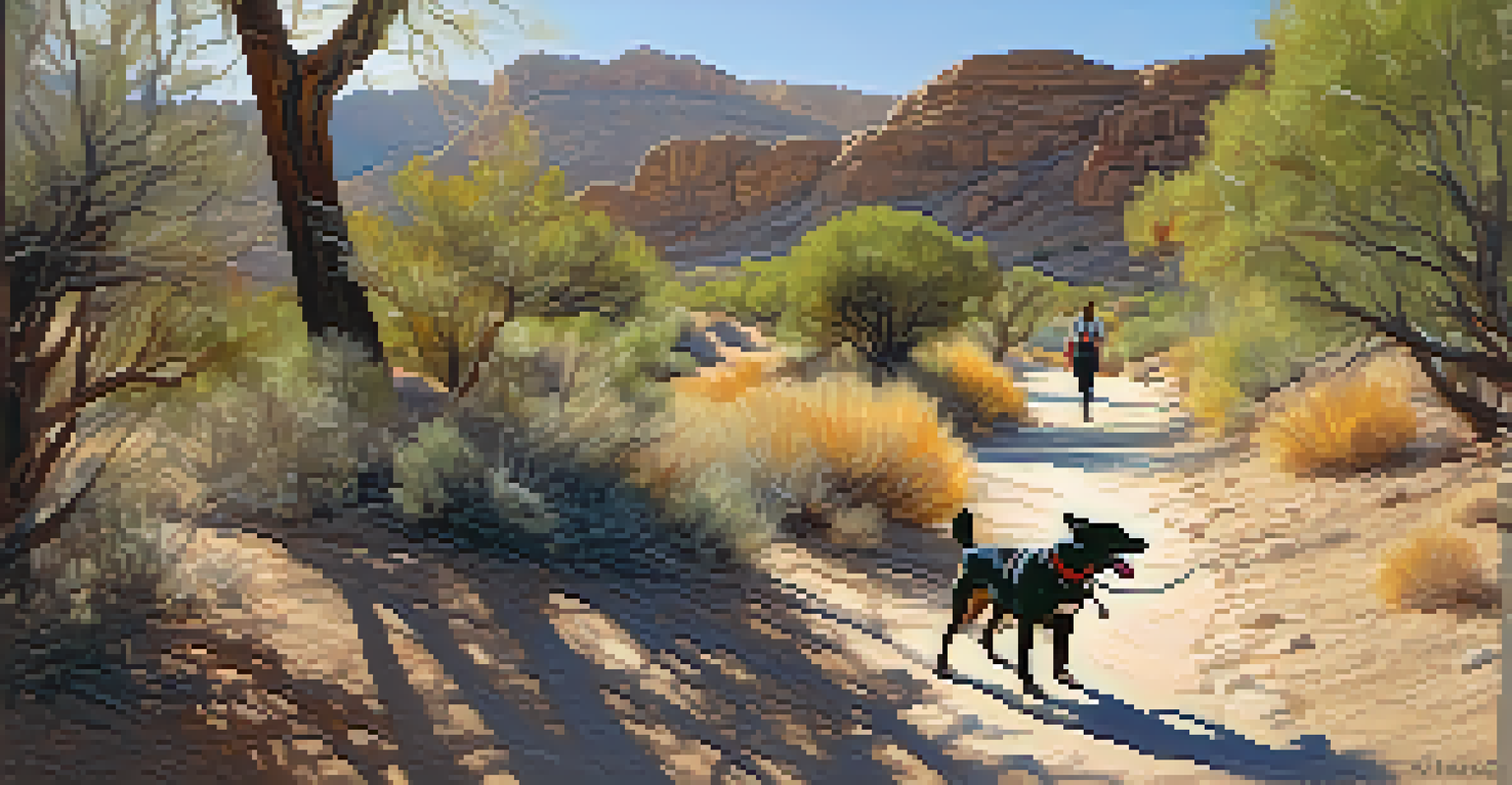 A scenic hiking trail in a canyon with a dog exploring along the path surrounded by desert scenery.