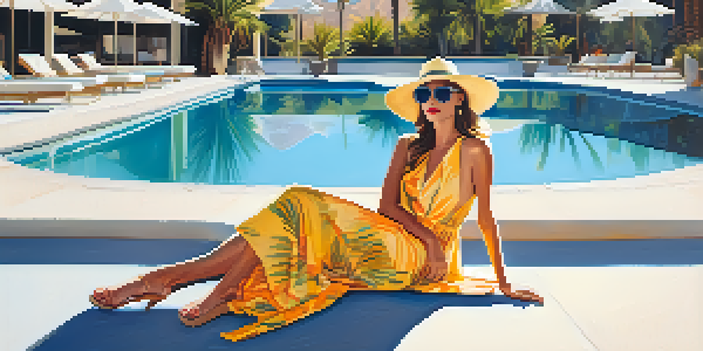 A fashionable woman in a colorful maxi dress lounging by a pool, surrounded by palm trees and sunlight.