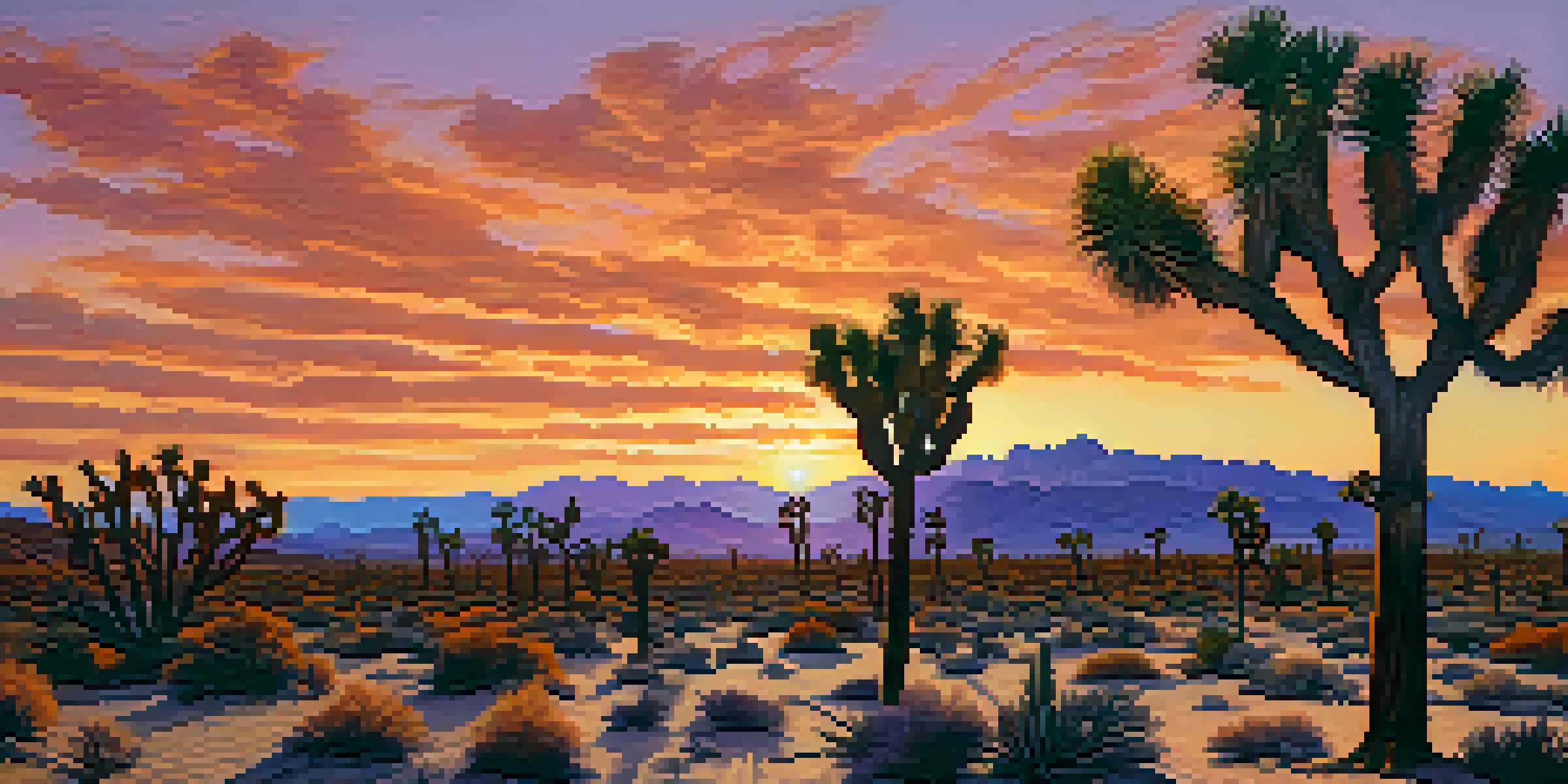 A scenic view of Joshua Tree National Park with rock formations and Joshua trees at sunset.