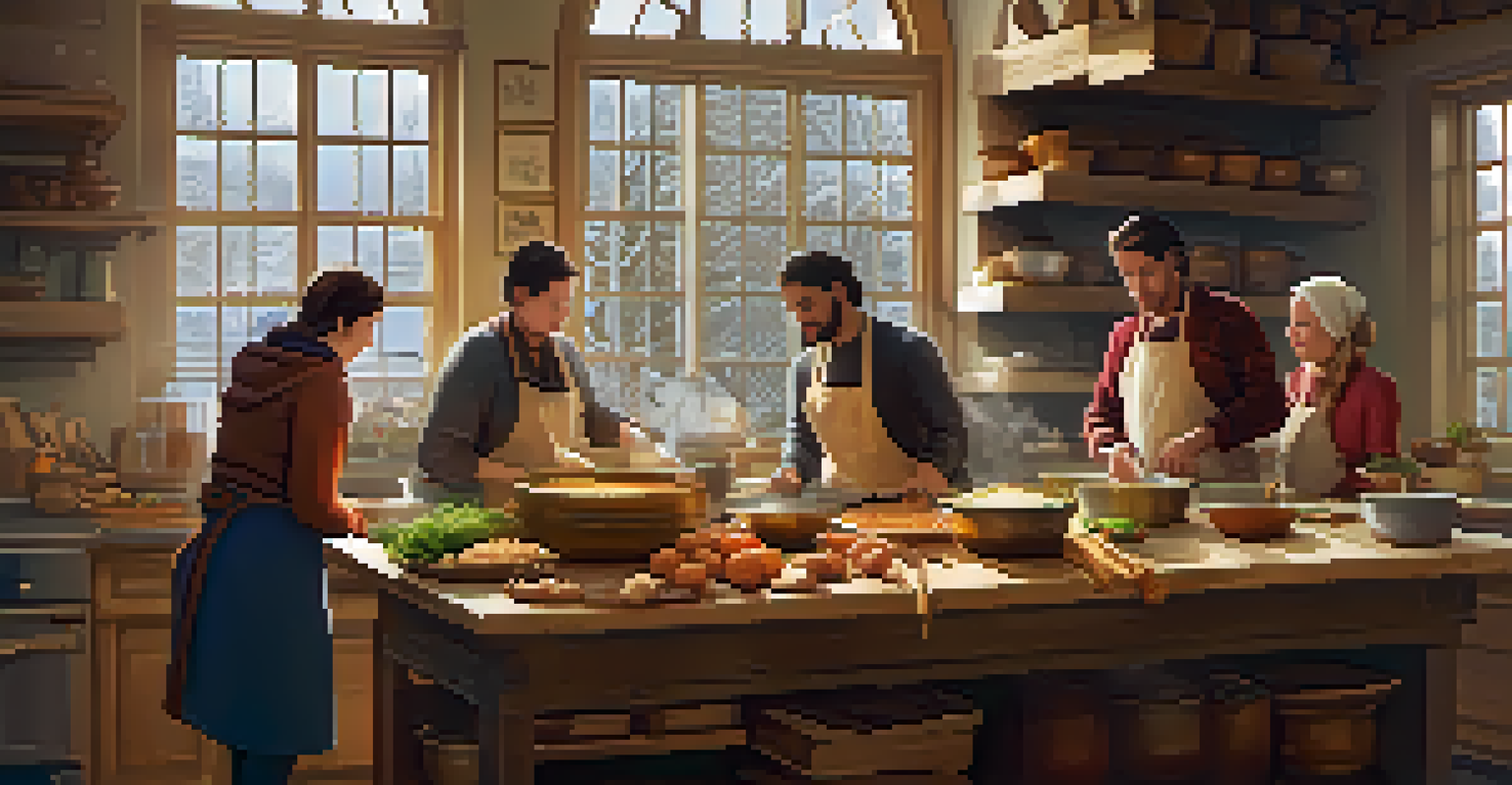 A warm and inviting indoor cooking workshop in winter, with participants preparing comfort foods surrounded by rustic kitchen decor and winter scenery outside.