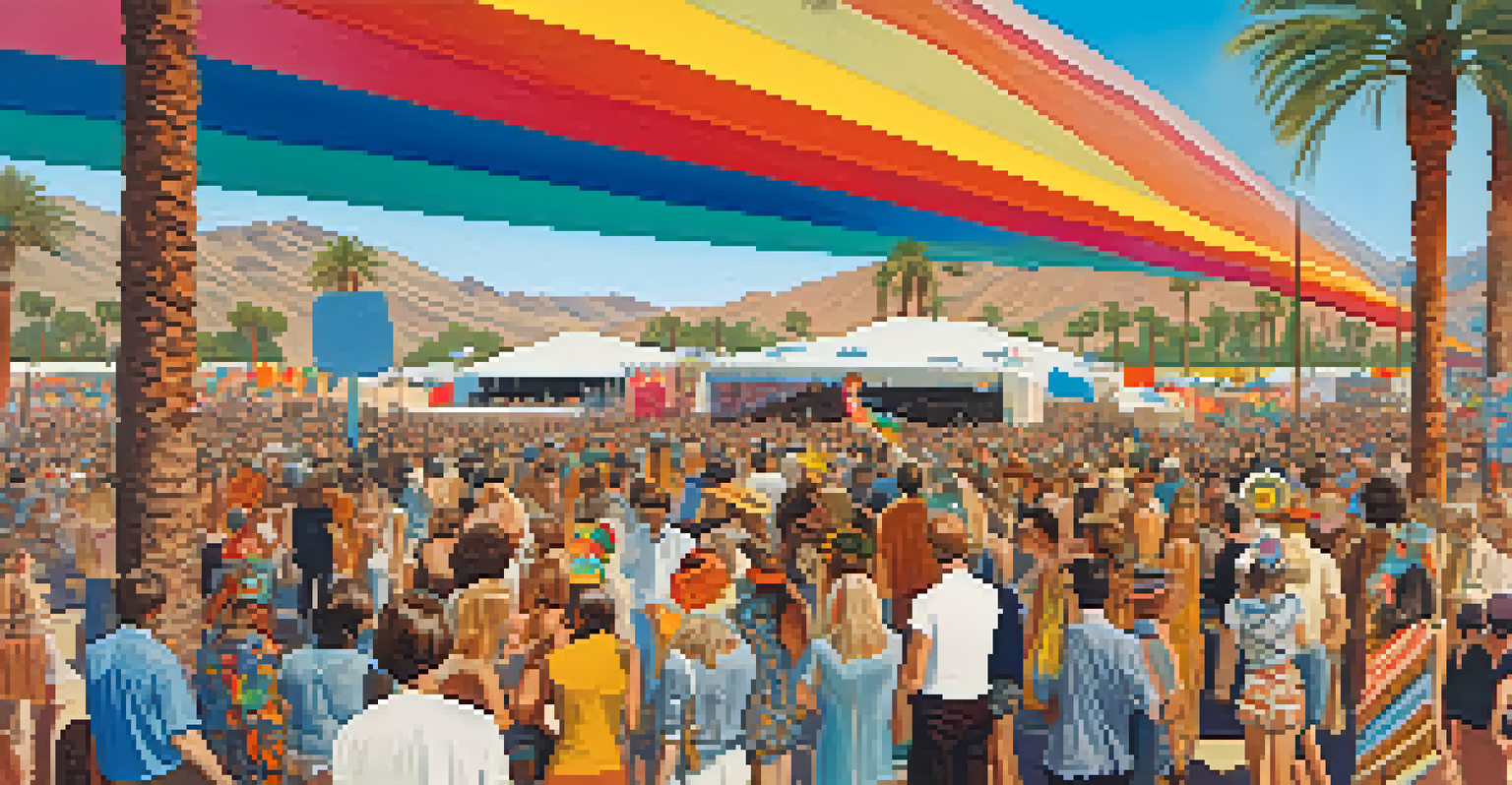 A 1970s outdoor music festival in Palm Springs with diverse attendees in colorful clothing, gathered around a stage with musicians performing under a clear blue sky.