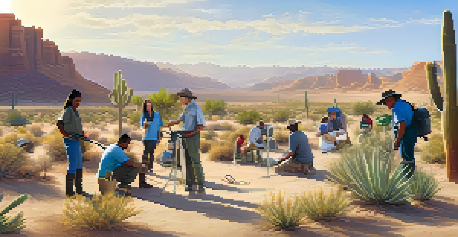 Community members participating in a water conservation workshop, planting native plants in a sunny desert setting.