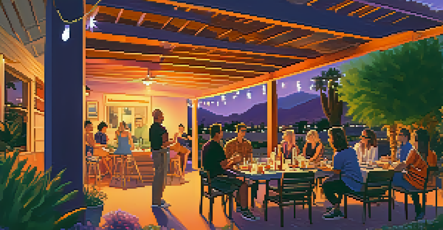 A lively outdoor gathering in Palm Springs during sunset, with friends enjoying a barbecue under string lights.
