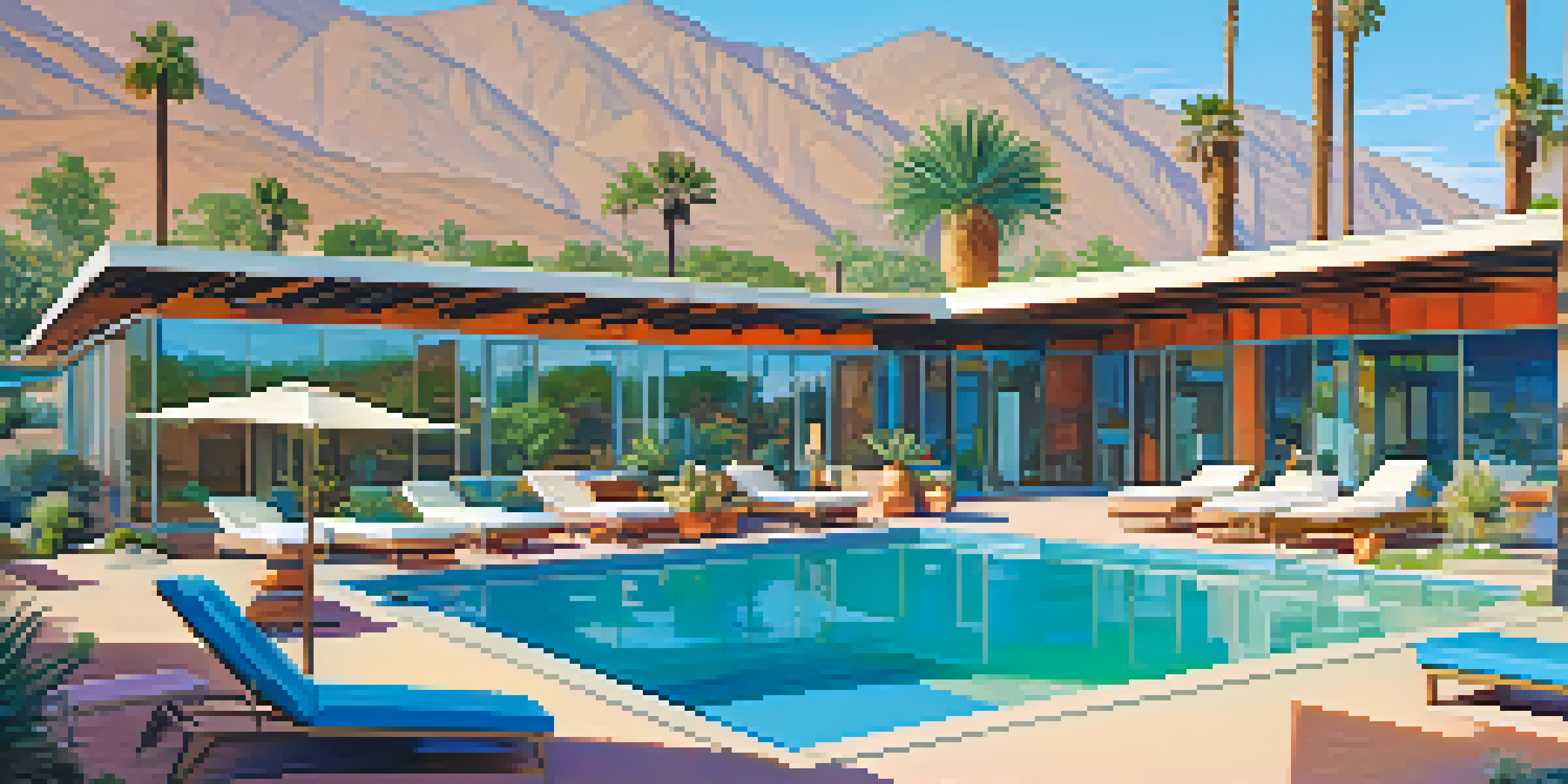 A picturesque eco-friendly resort in Palm Springs, featuring solar panels and a beautiful pool surrounded by desert plants and palm trees.