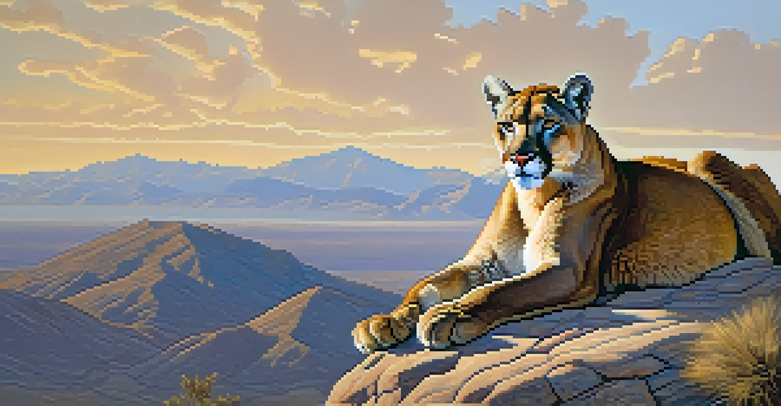 A mountain lion resting on a rock at sunset, with a desert valley in the background.