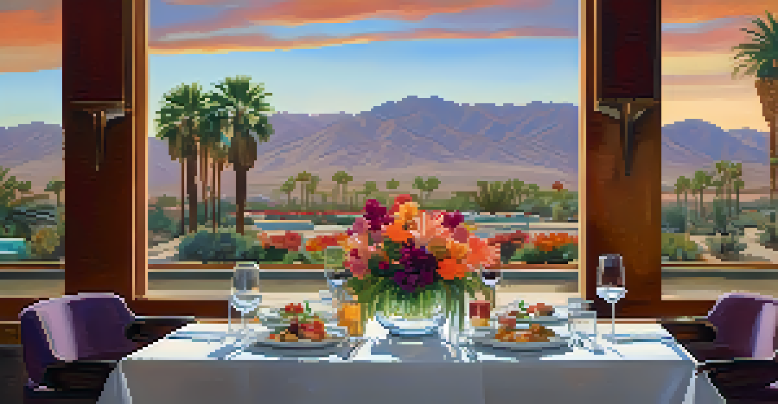 A gourmet dish on a dining table in Palm Springs, with local wine and flowers, and views of the desert.