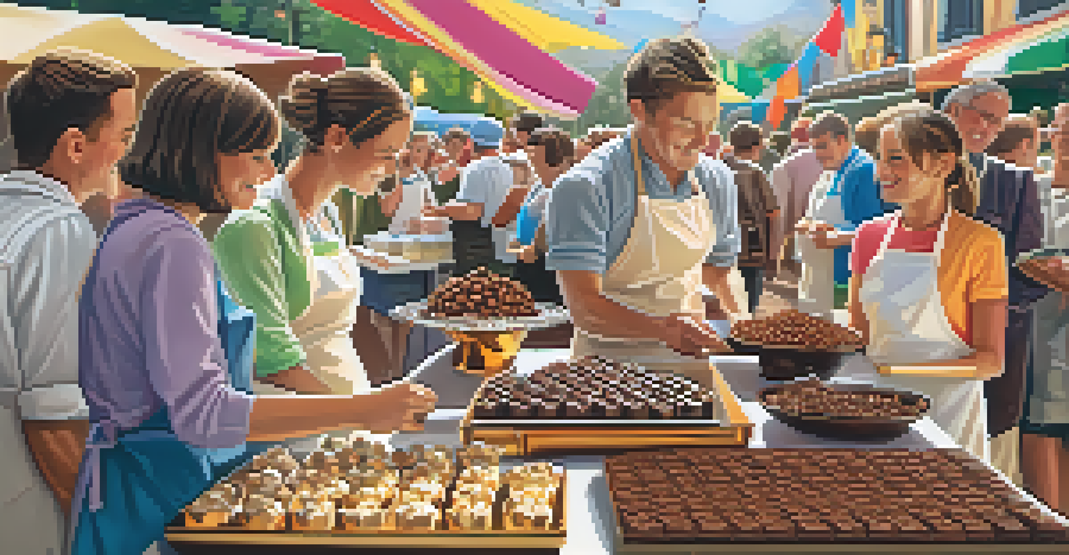A chocolate festival with chocolate makers, truffles, and visitors participating in workshops.