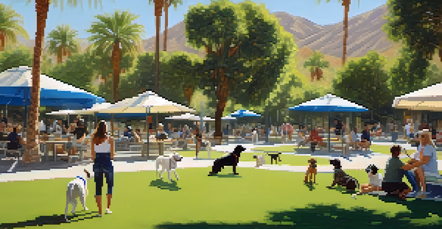 A lively dog park in Palm Springs with dogs playing and owners interacting, surrounded by green grass and trees under a sunny sky.