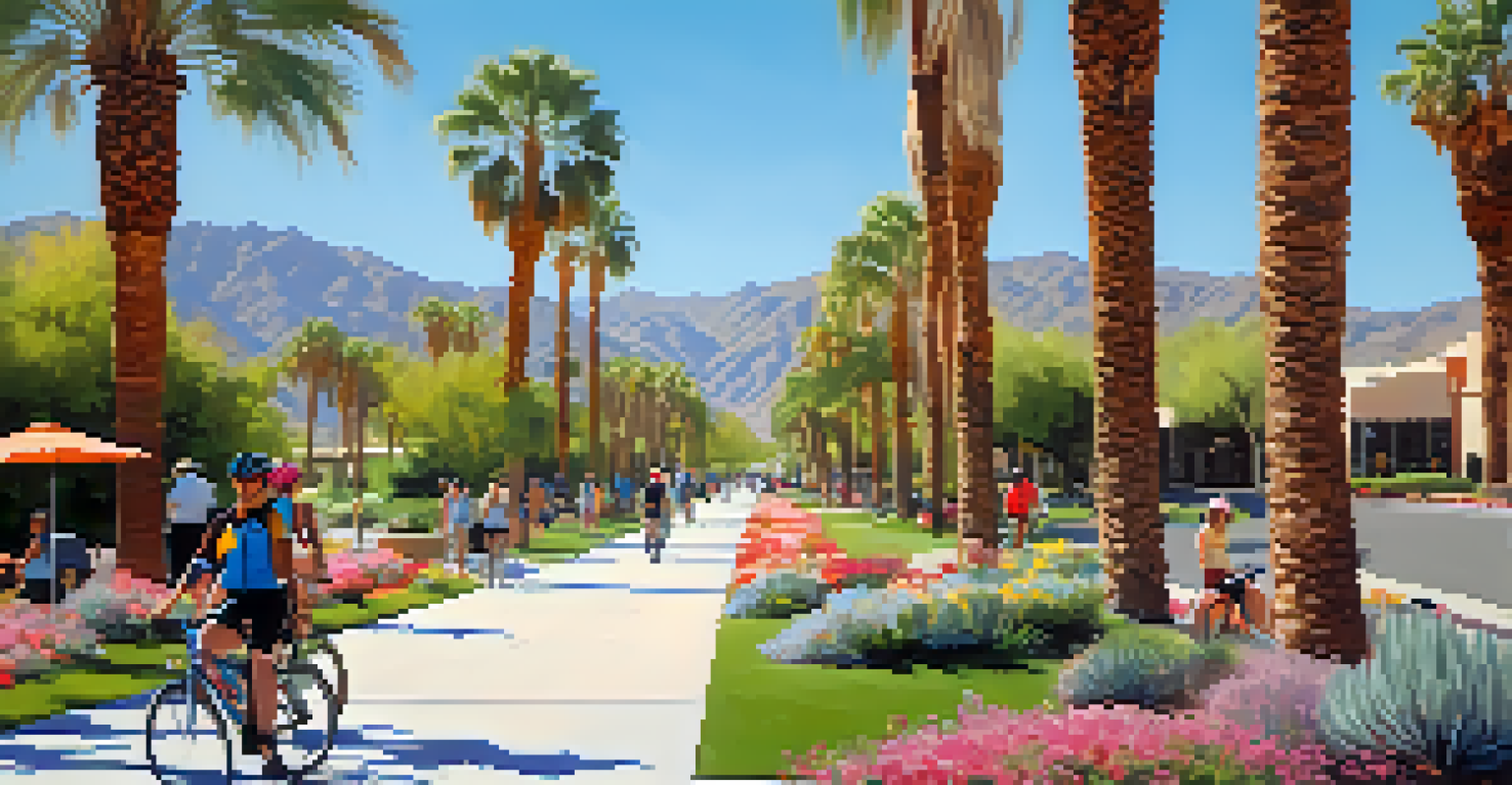A scenic bike path in Palm Springs with cyclists and blooming flowers under a clear blue sky.