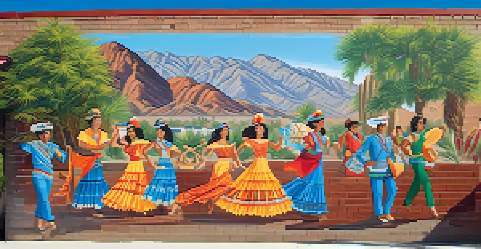 A colorful mural showcasing Hispanic heritage with dancers and musicians, set against a backdrop of greenery and blue sky.
