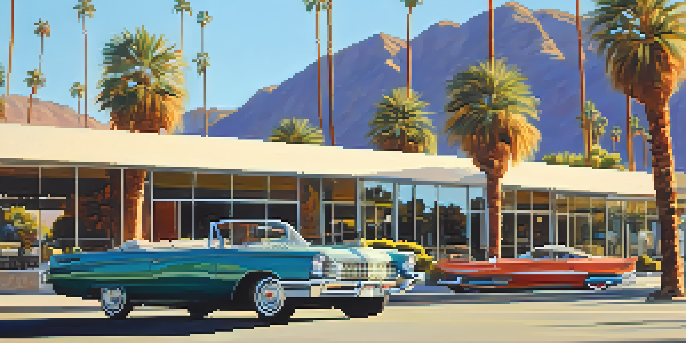 A picturesque highway in Palm Springs with palm trees and mountains in the background, featuring a vintage car on the road.