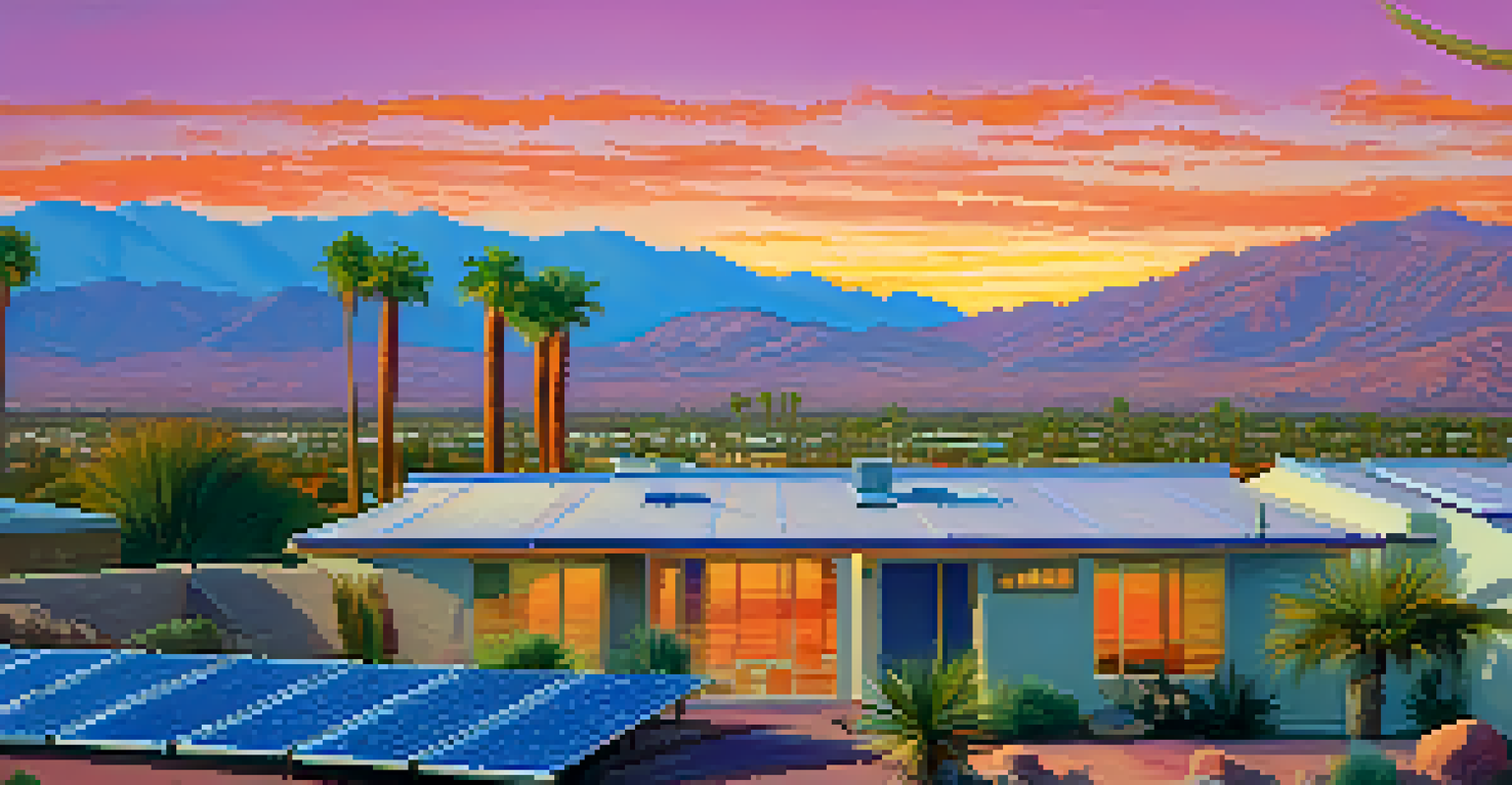 A sunset view of Palm Springs with solar panels on rooftops and palm trees, against a backdrop of colorful sky and mountains.