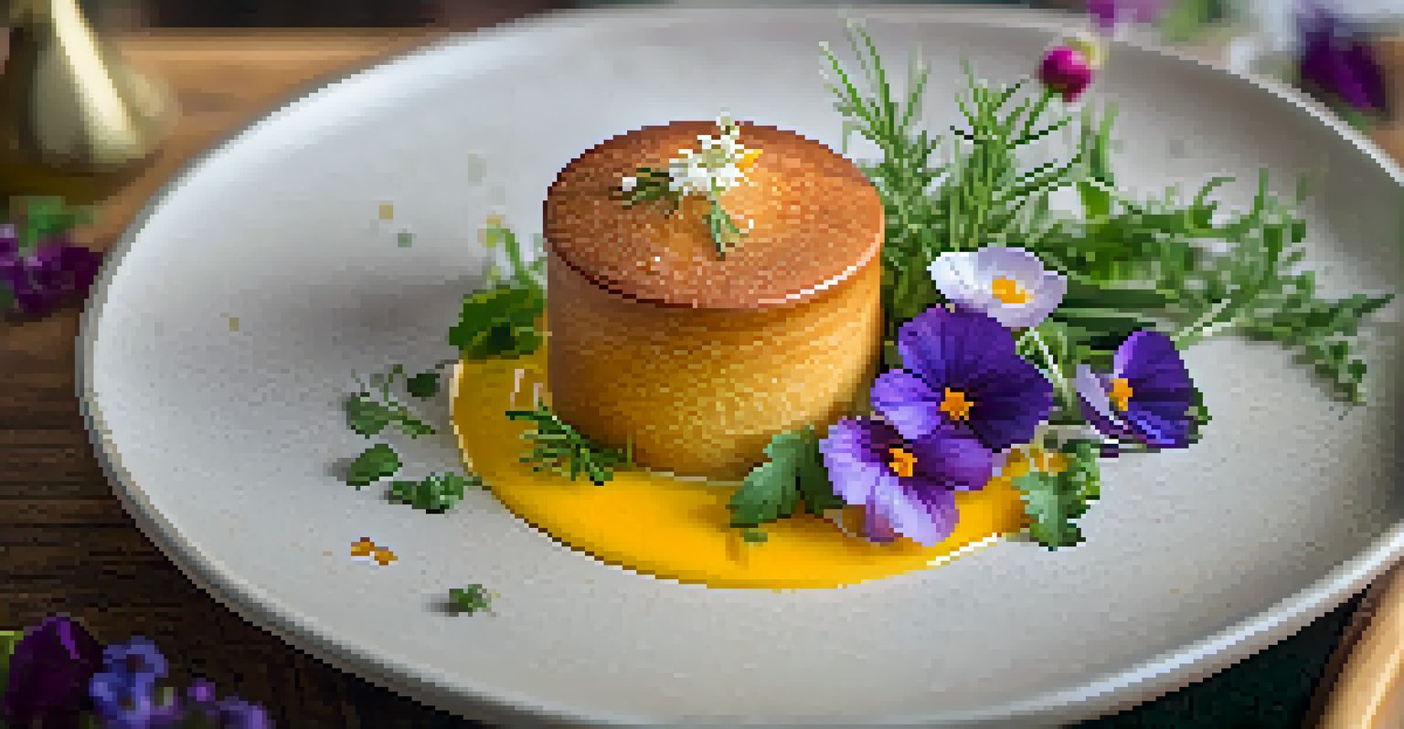 A beautifully plated soufflé with edible flowers and herbs, showcasing an elegant culinary creation.
