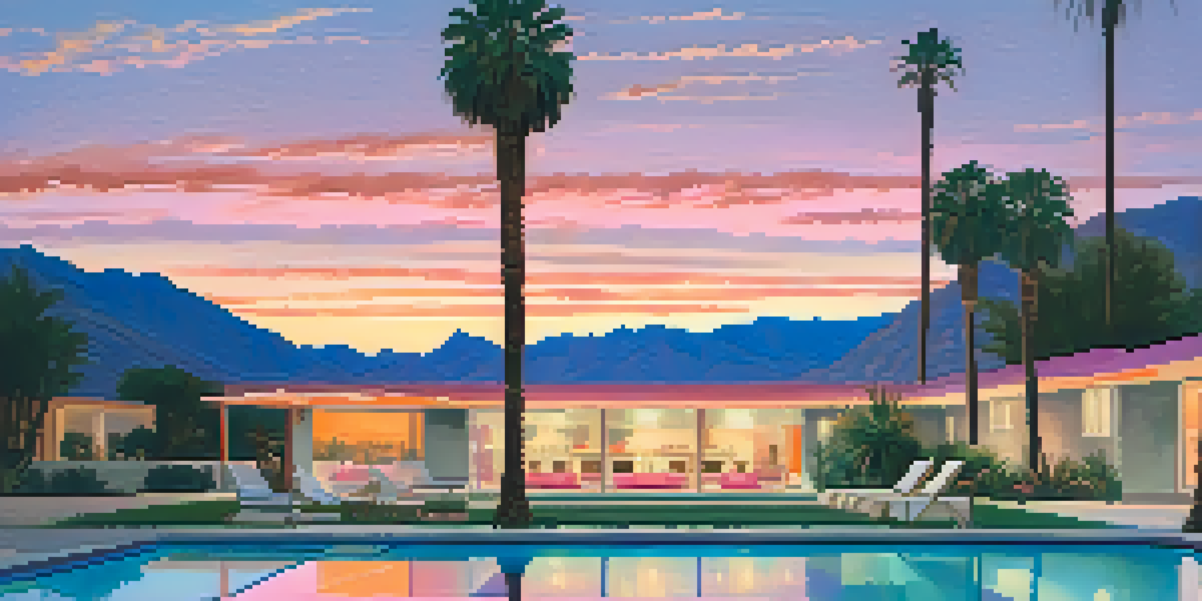 A beautiful Palm Springs sunset with mountains, palm trees, and a reflective pool under a colorful sky.