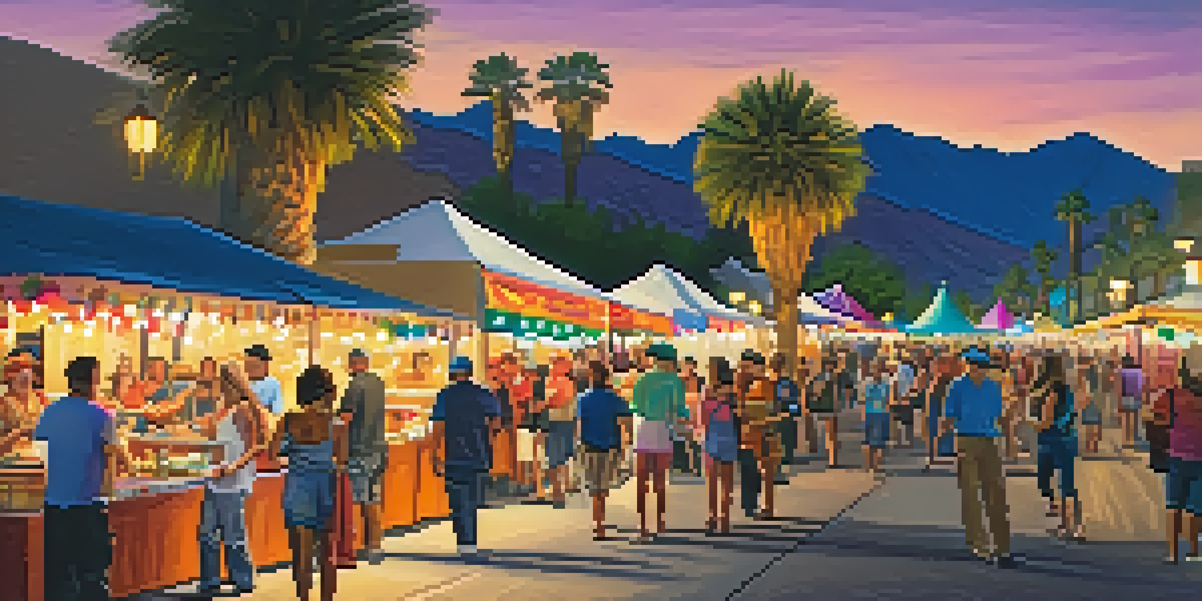 A bustling street fair in Palm Springs with colorful stalls and people enjoying food and live entertainment.