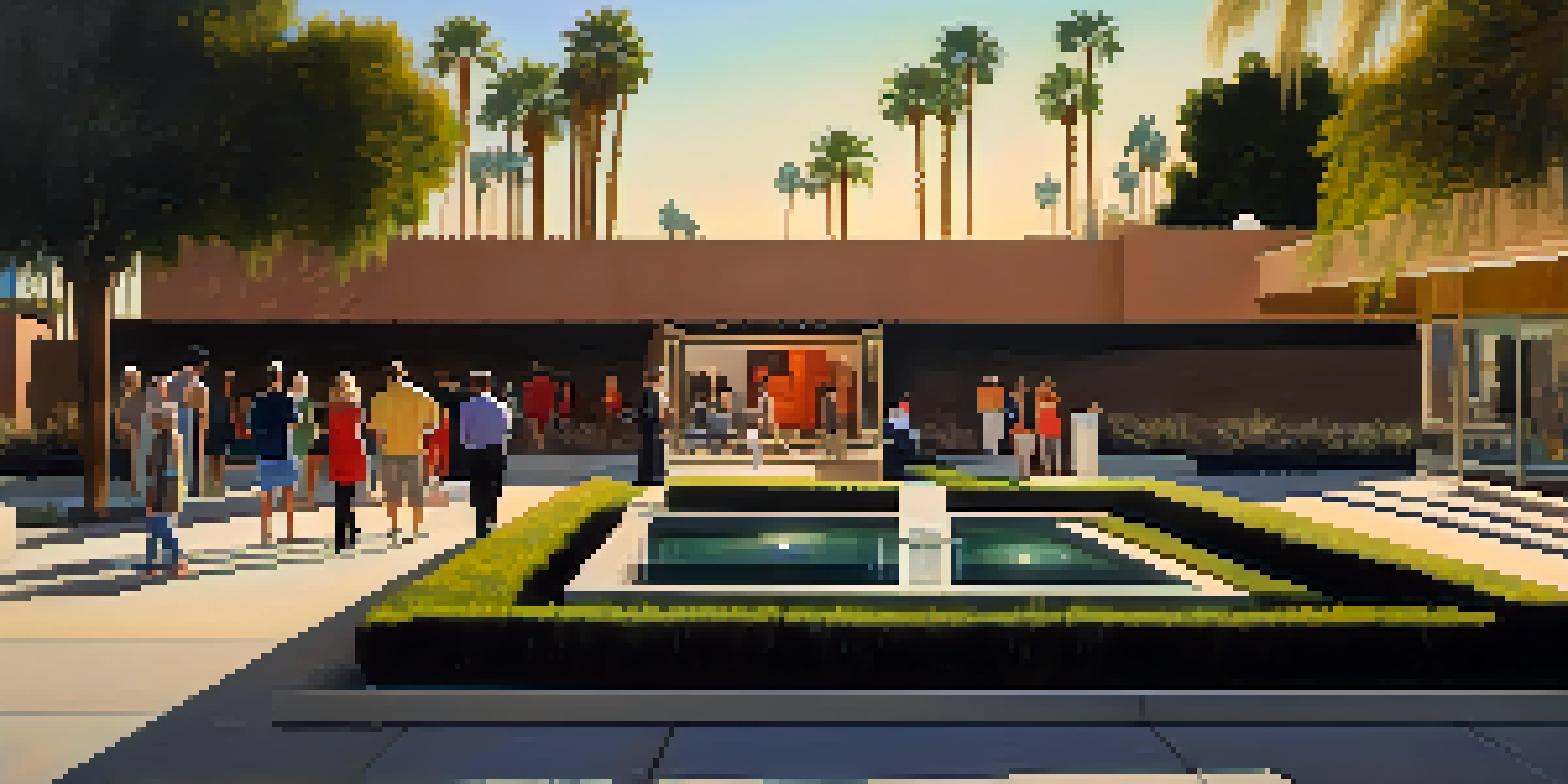 A tranquil evening at the Palm Springs Art Museum with illuminated sculptures and visitors enjoying the art.