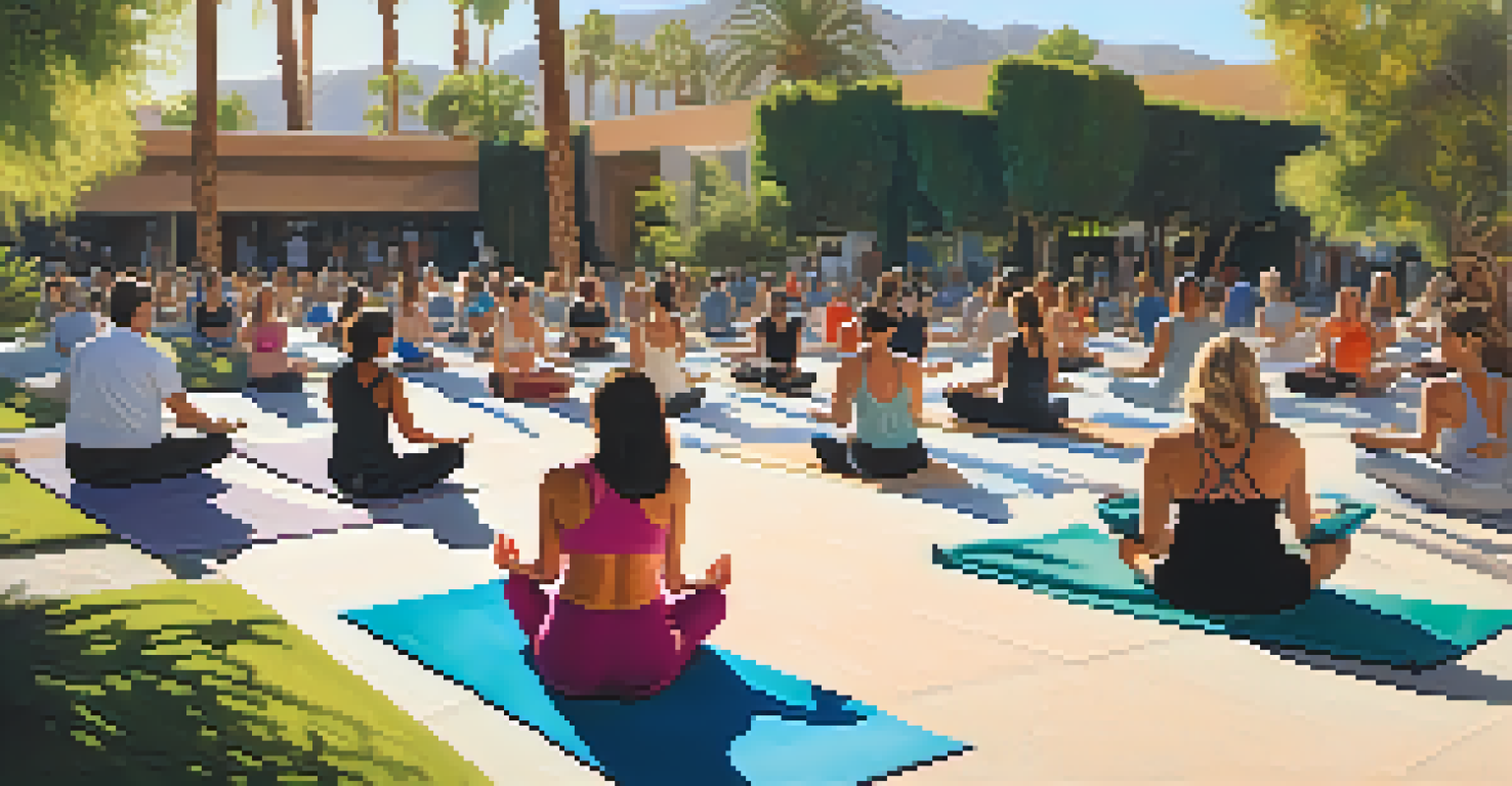 Participants practicing yoga outdoors at the Palm Springs Art Museum, surrounded by sculptures and greenery with sunlight filtering through the leaves.