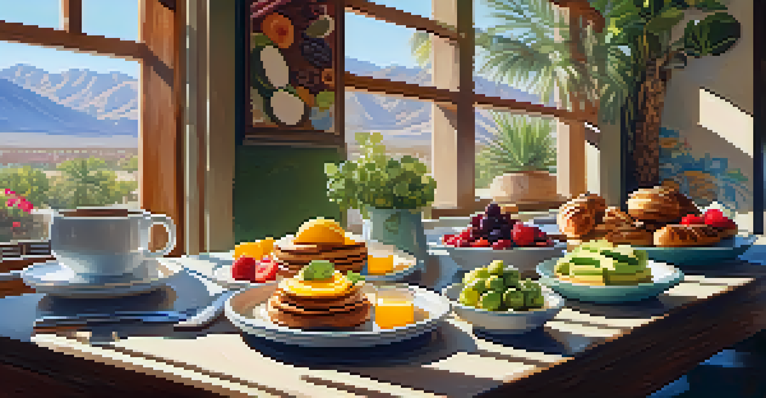 A brunch table filled with colorful dishes in a sunny cafe setting.