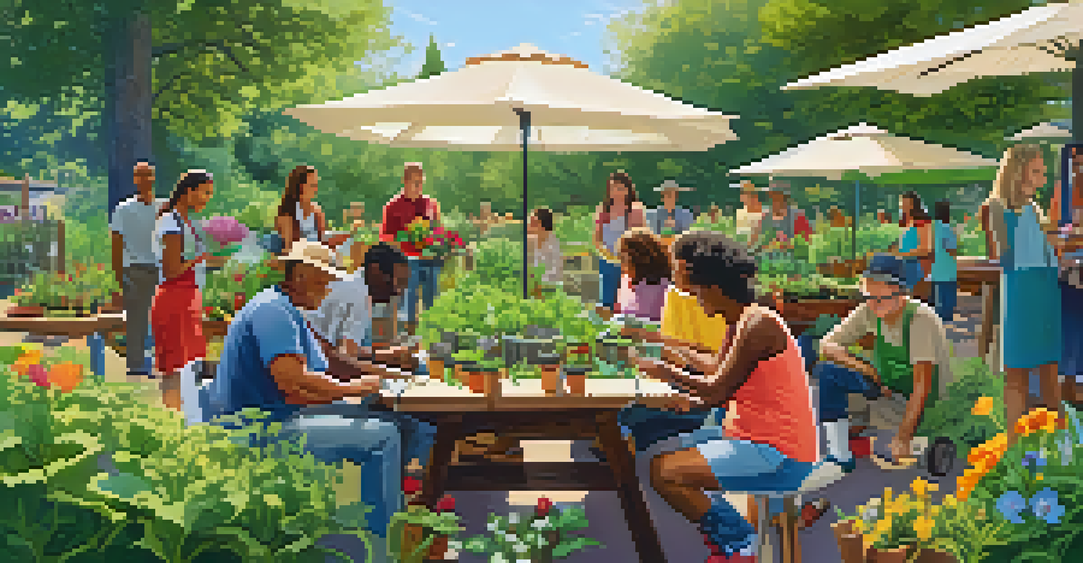 A gardening workshop in a community garden with participants learning about sustainable gardening surrounded by greenery.