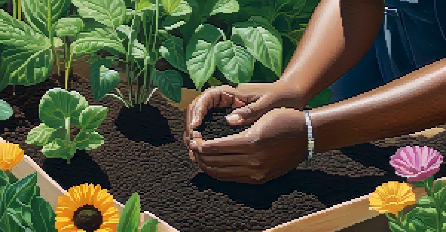 Close-up of diverse hands planting seeds in soil in a community garden, with colorful plants in the background.