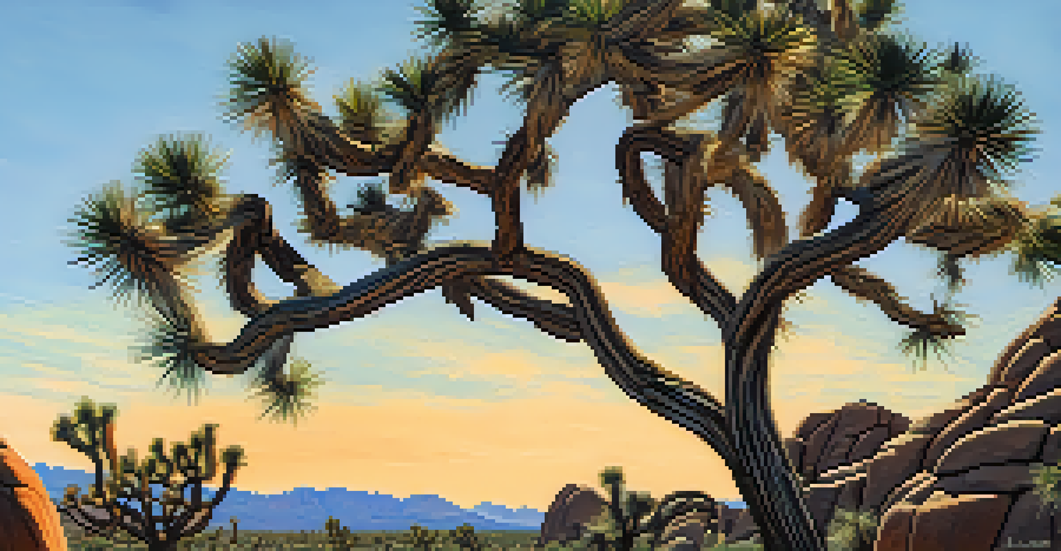 Close-up of a unique Joshua tree with twisted branches under a bright sky, highlighting its texture and desert flora.