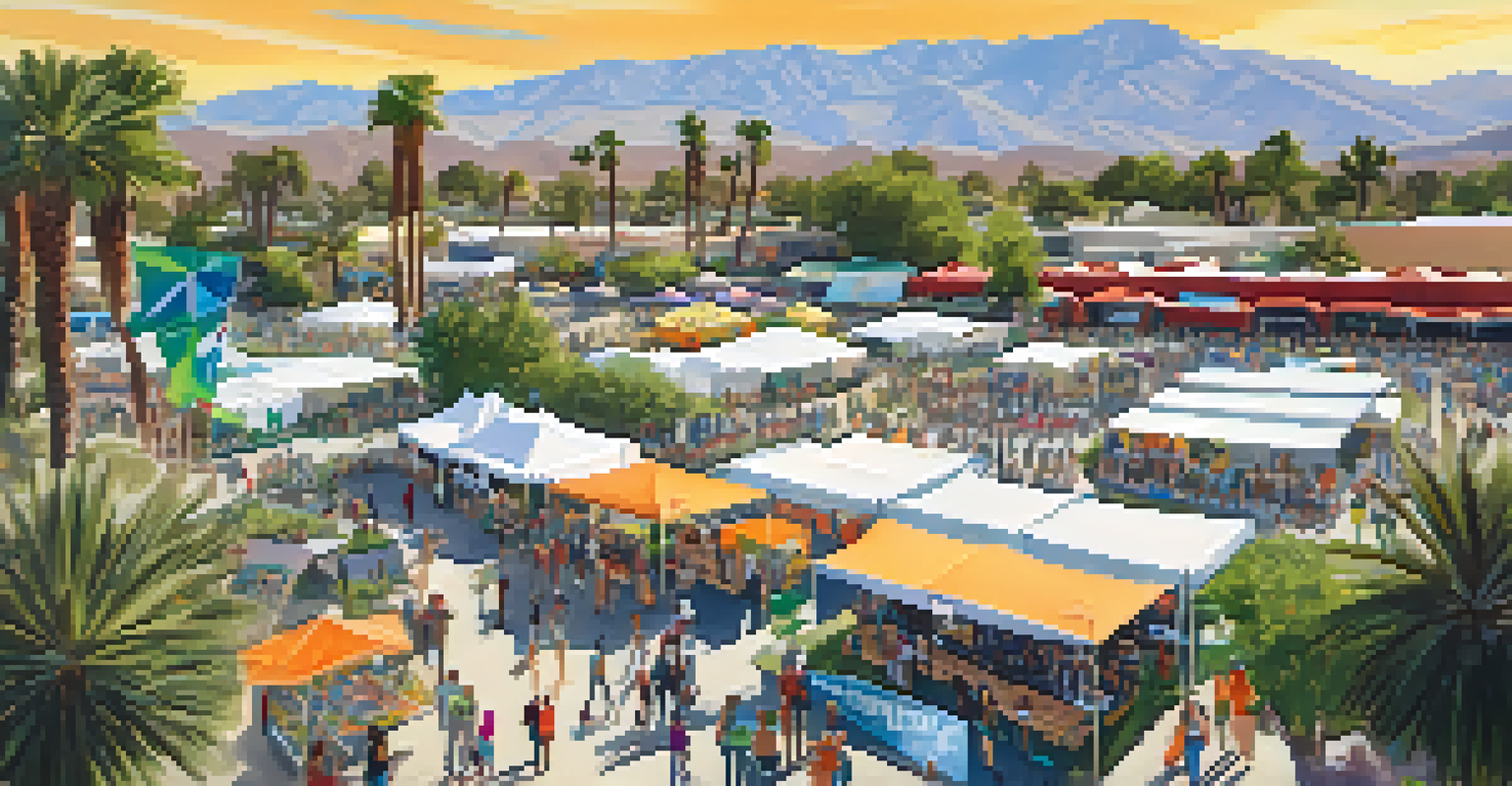 An aerial view of a community festival with booths and workshops focused on sustainability, surrounded by engaged attendees.