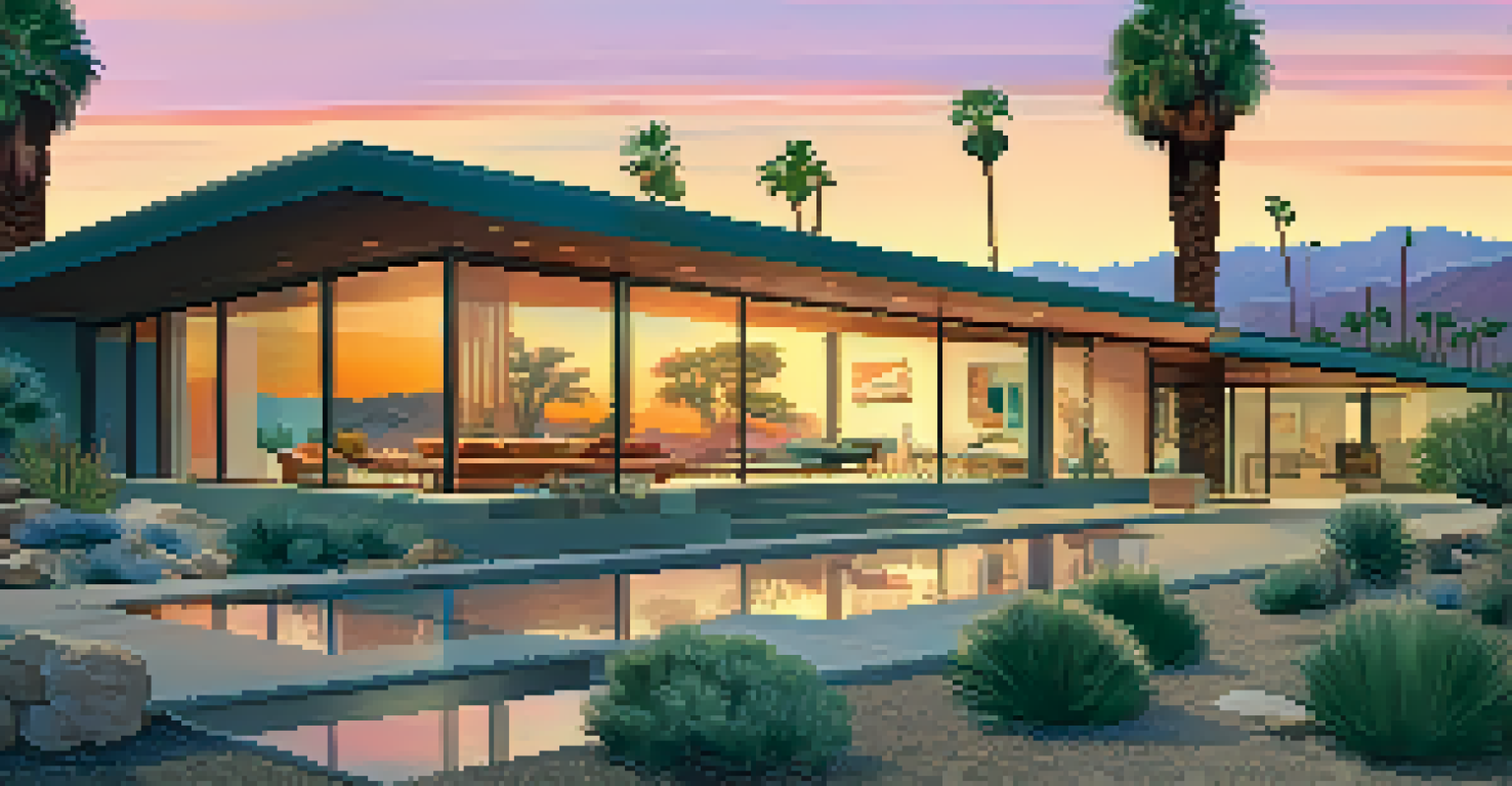 A Mid-Century Modern house with large glass windows and a flat roof, set in a desert landscape during sunset.