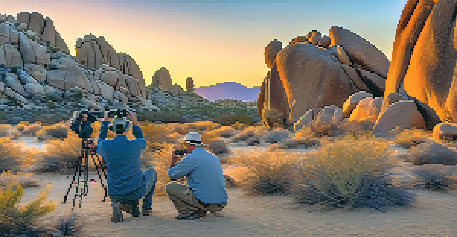 Photographers capturing the sunset at Joshua Tree National Park, surrounded by unique rock formations and desert flora.
