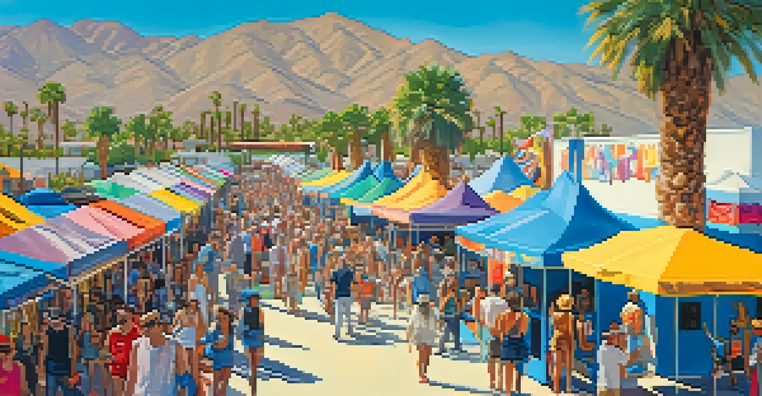 An art festival in Palm Springs with artists, visitors, and colorful booths under a sunny sky.