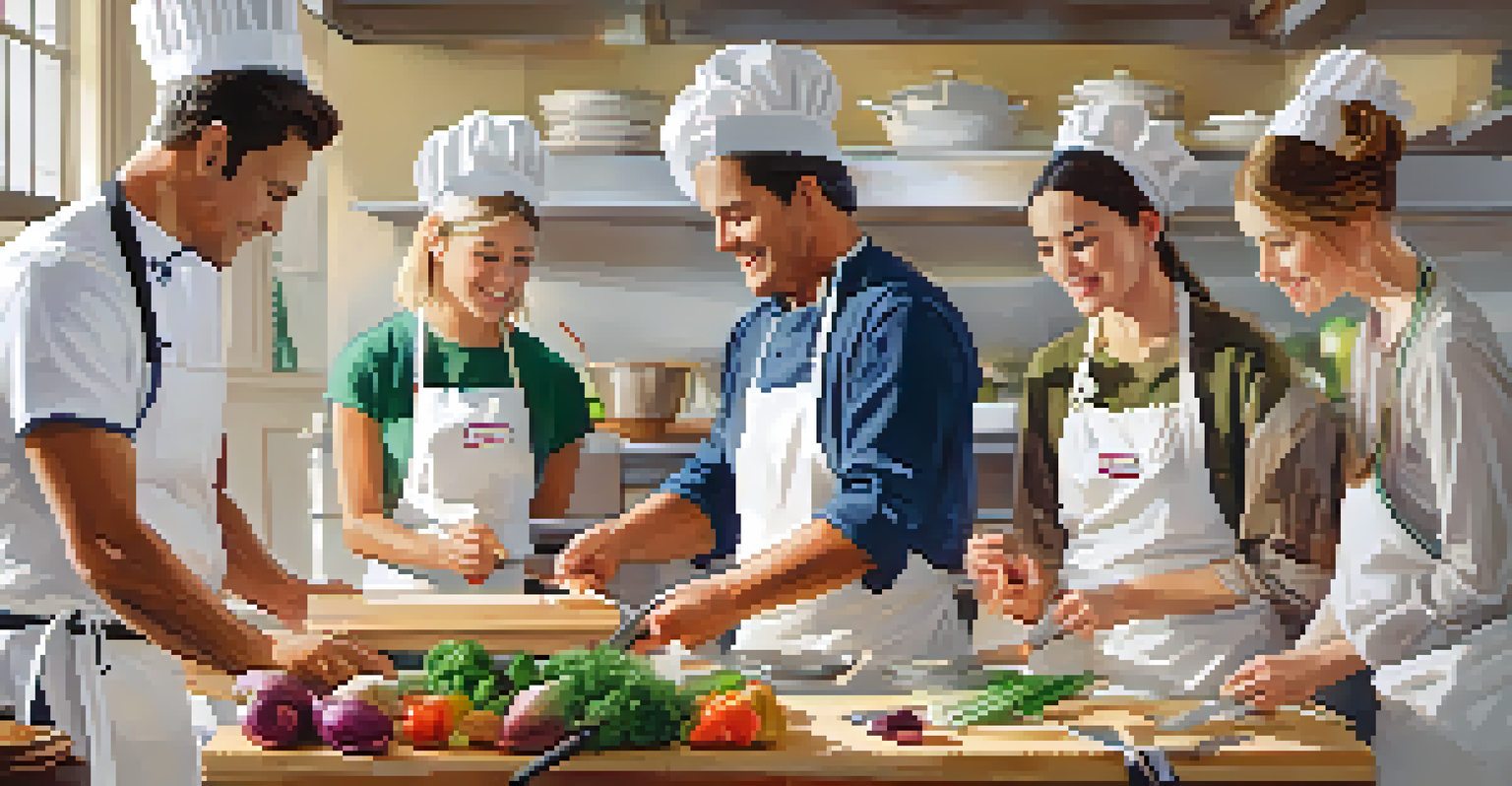 A chef teaching knife skills to a small group of students in a bright, professional kitchen filled with fresh produce and cooking tools.