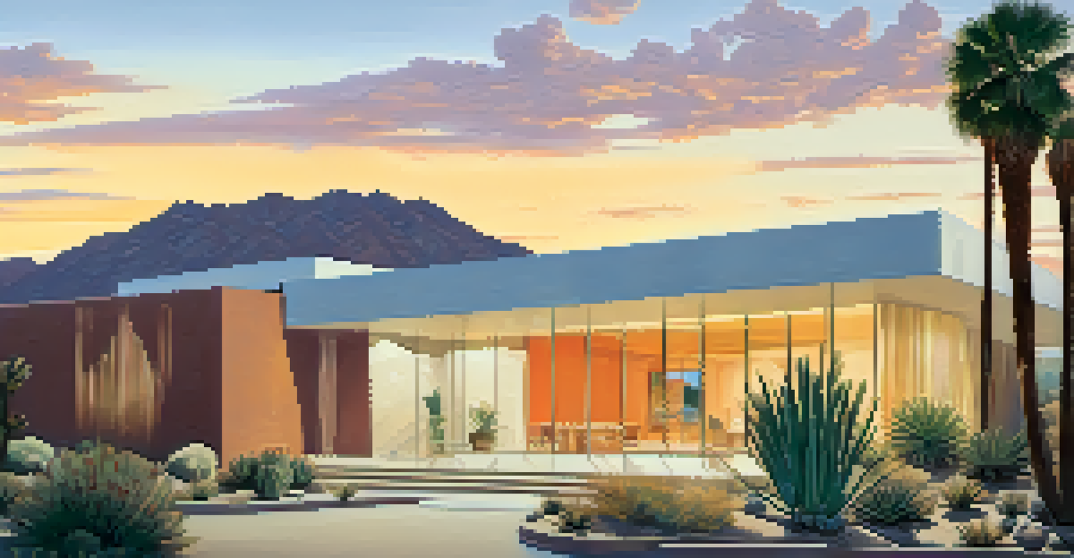 The exterior of Palm Springs Art Museum featuring contemporary architecture, surrounded by desert plants and a golden sunset.