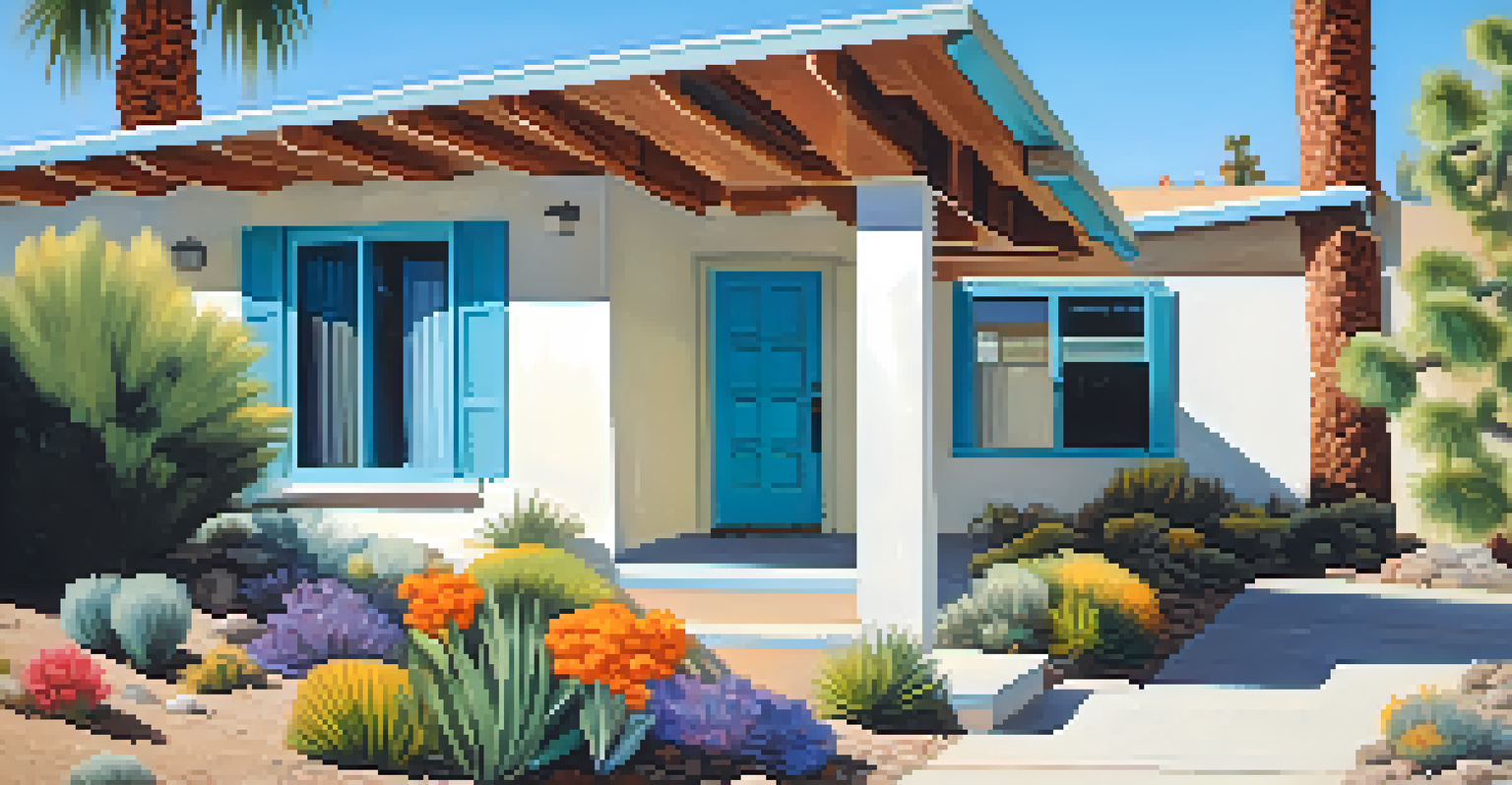 A historic Palm Springs neighborhood street with a preserved mid-century home and colorful plants under a blue sky.