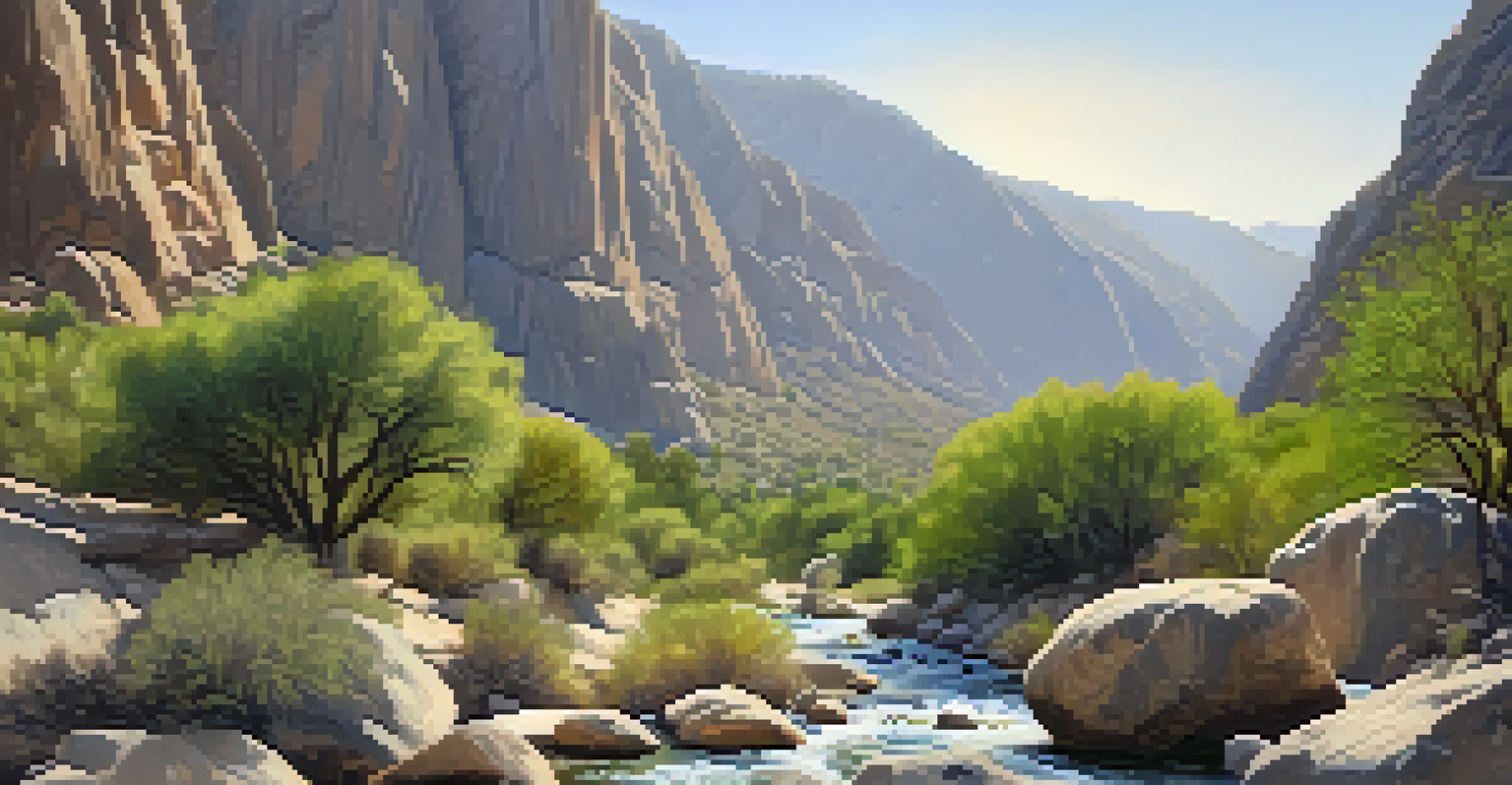 A tranquil view of a canyon with a waterfall, ancient rocks, and lush greenery under dappled sunlight.