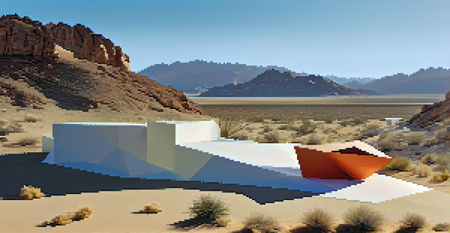 Colorful geometric shapes made from natural materials set in the desert, with visitors exploring the installation.