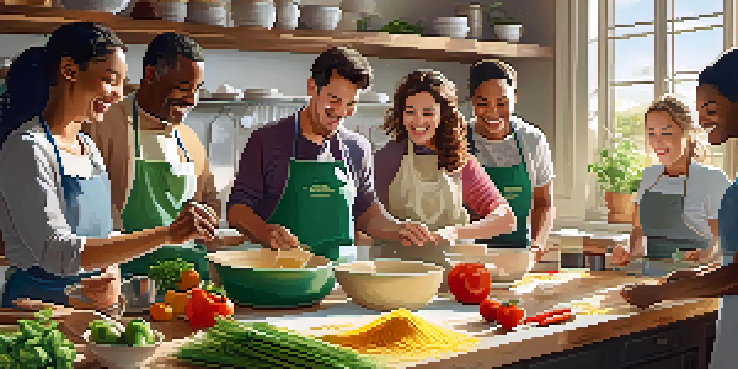 A diverse group of beginner cooks engaged in a pasta-making class in a bright kitchen filled with fresh ingredients and sunlight.
