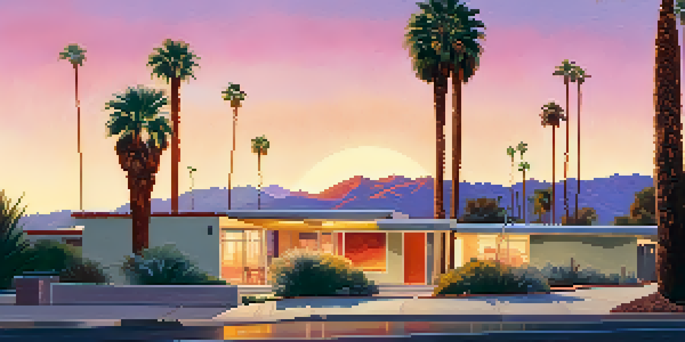 A sunset view of Palm Springs showcasing mid-century modern homes among palm trees and mountains, illuminated by warm golden light.