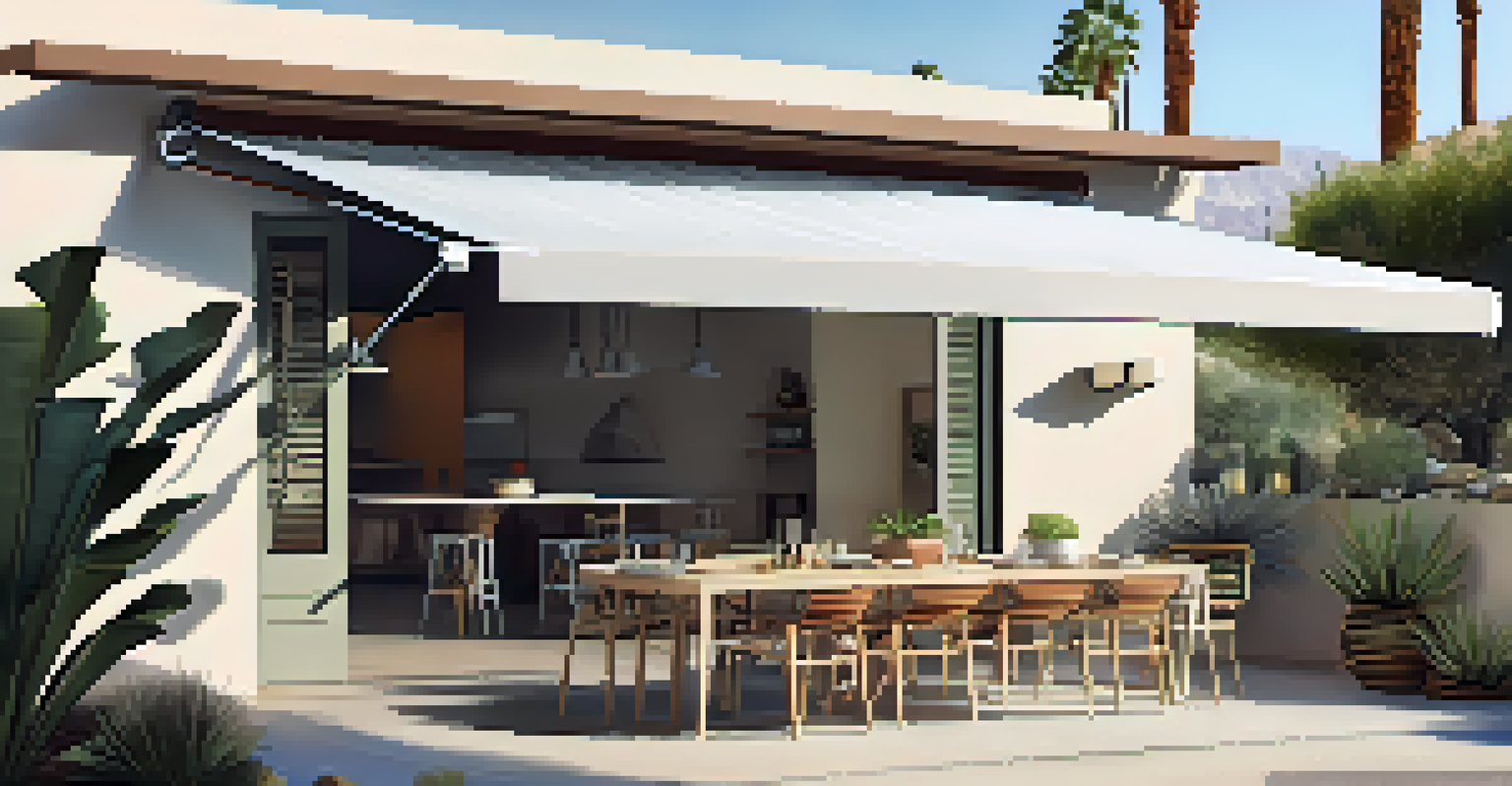 A modern patio awning over an outdoor dining area with a beautifully set table and colorful dishes in Palm Springs.