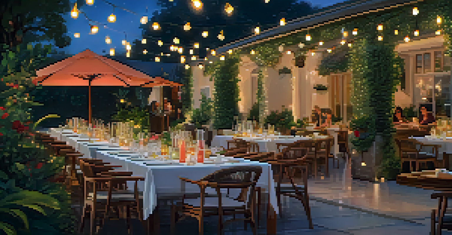 An outdoor dining area with a table set for a meal featuring local cuisine, illuminated by fairy lights, with guests enjoying cocktails nearby.