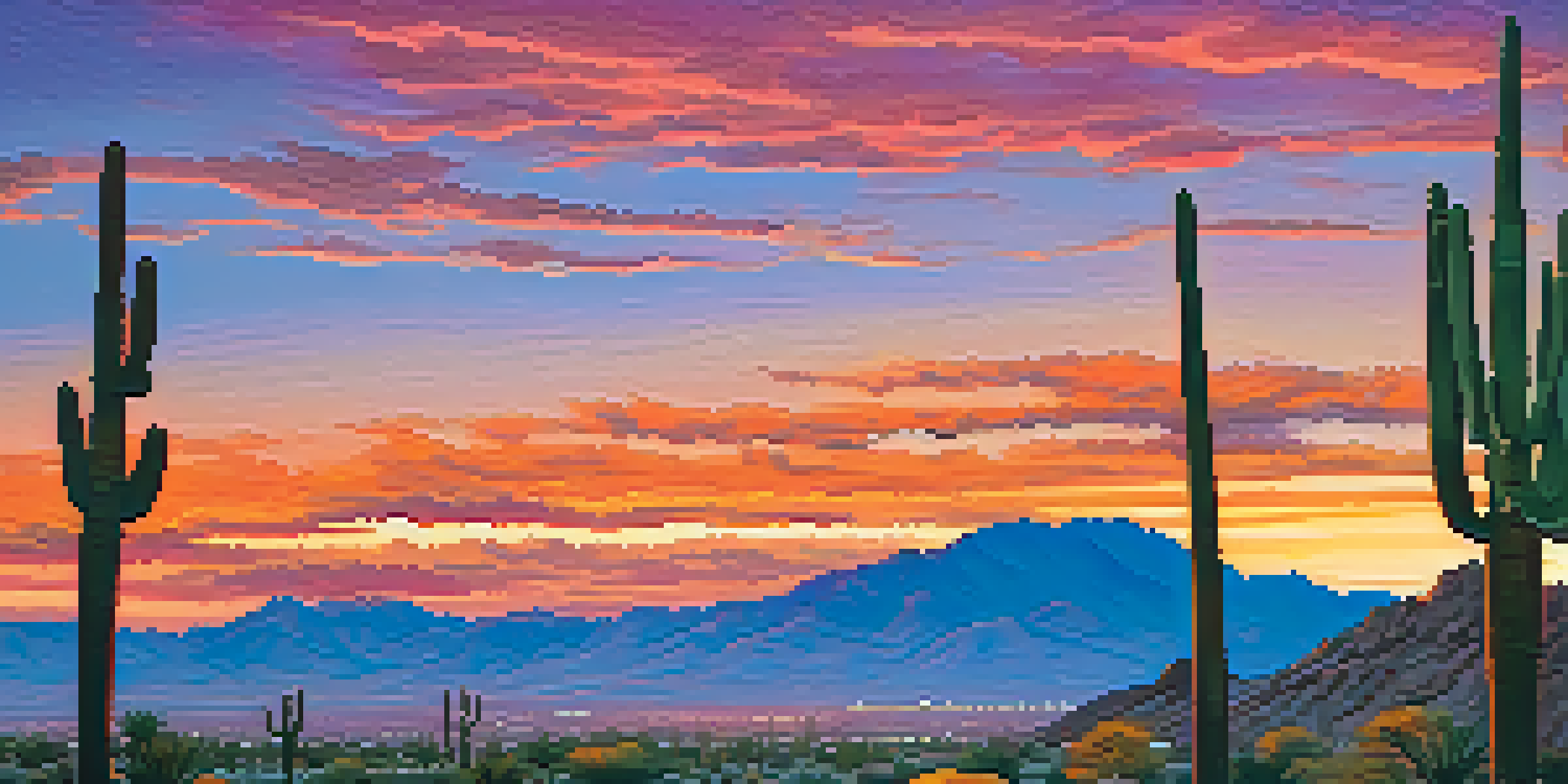 A colorful sunset over a desert landscape with cacti silhouettes.