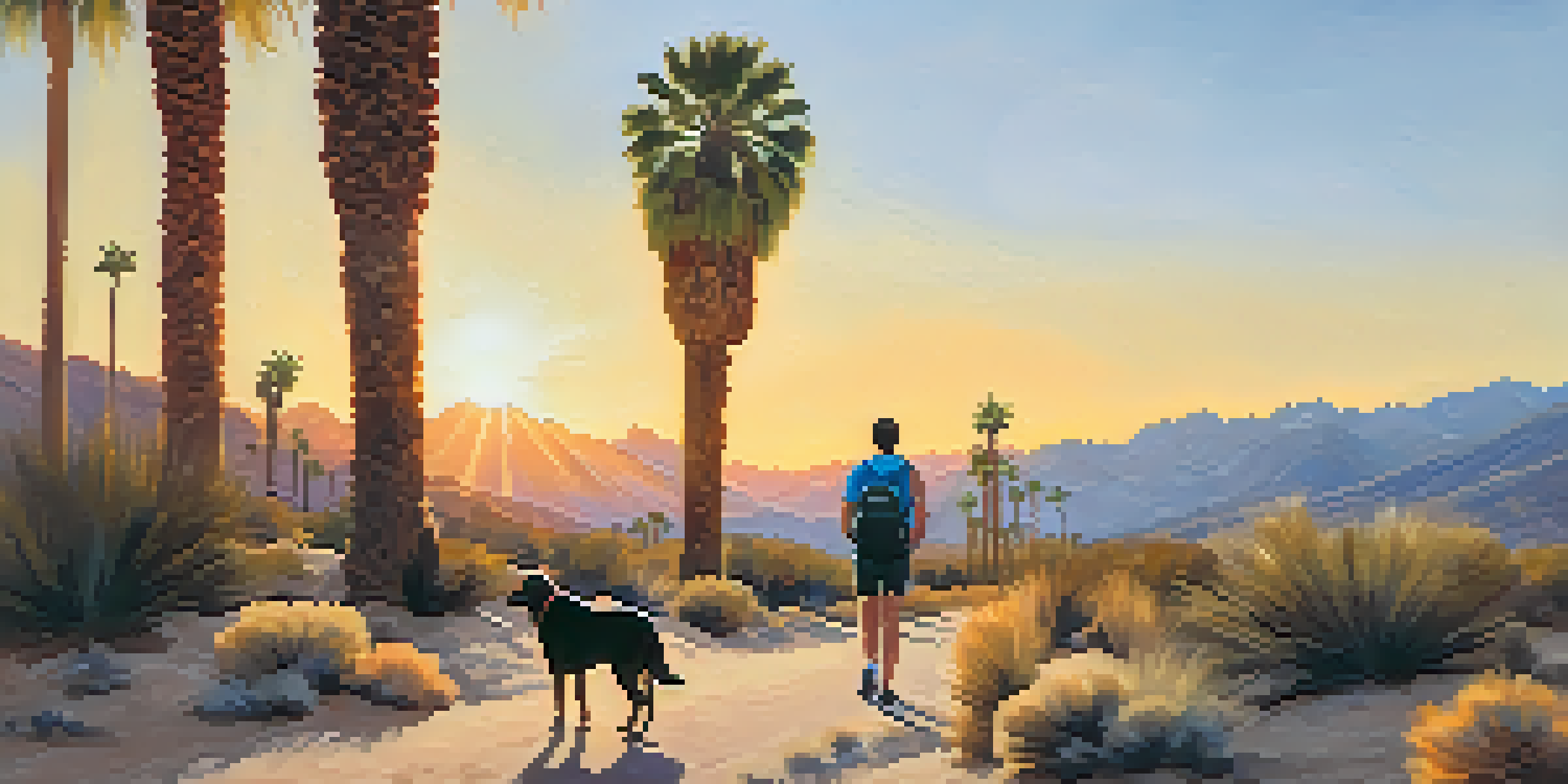 A person hiking with a dog on a desert trail in Palm Springs during sunset, with mountains and desert plants surrounding them.